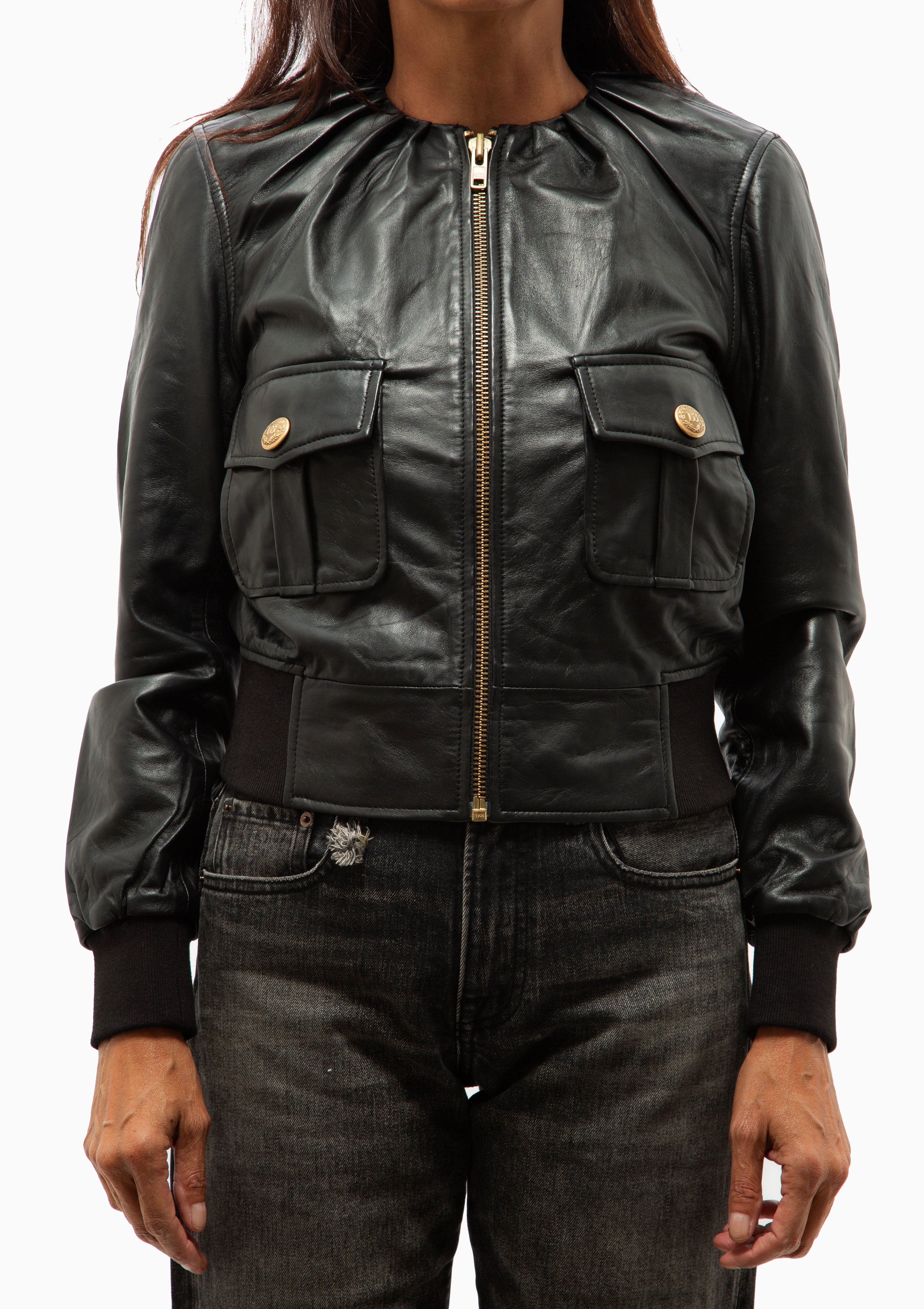 Pleated Neck Leather Jacket | Black