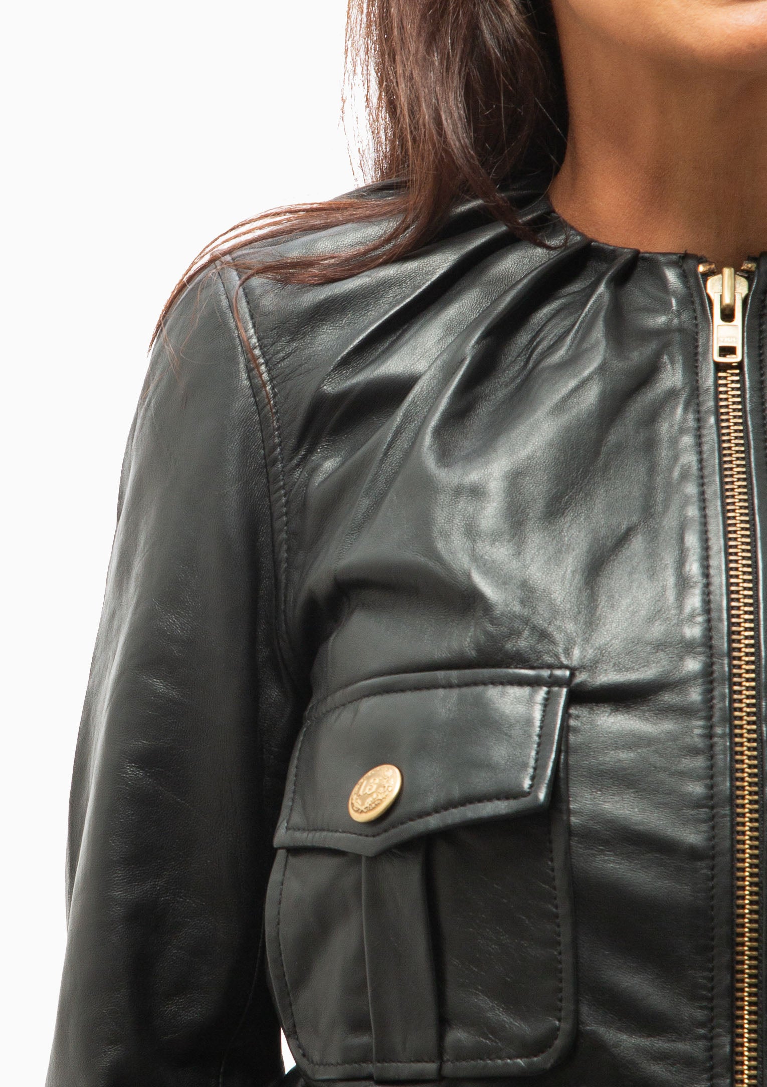 Pleated Neck Leather Jacket | Black