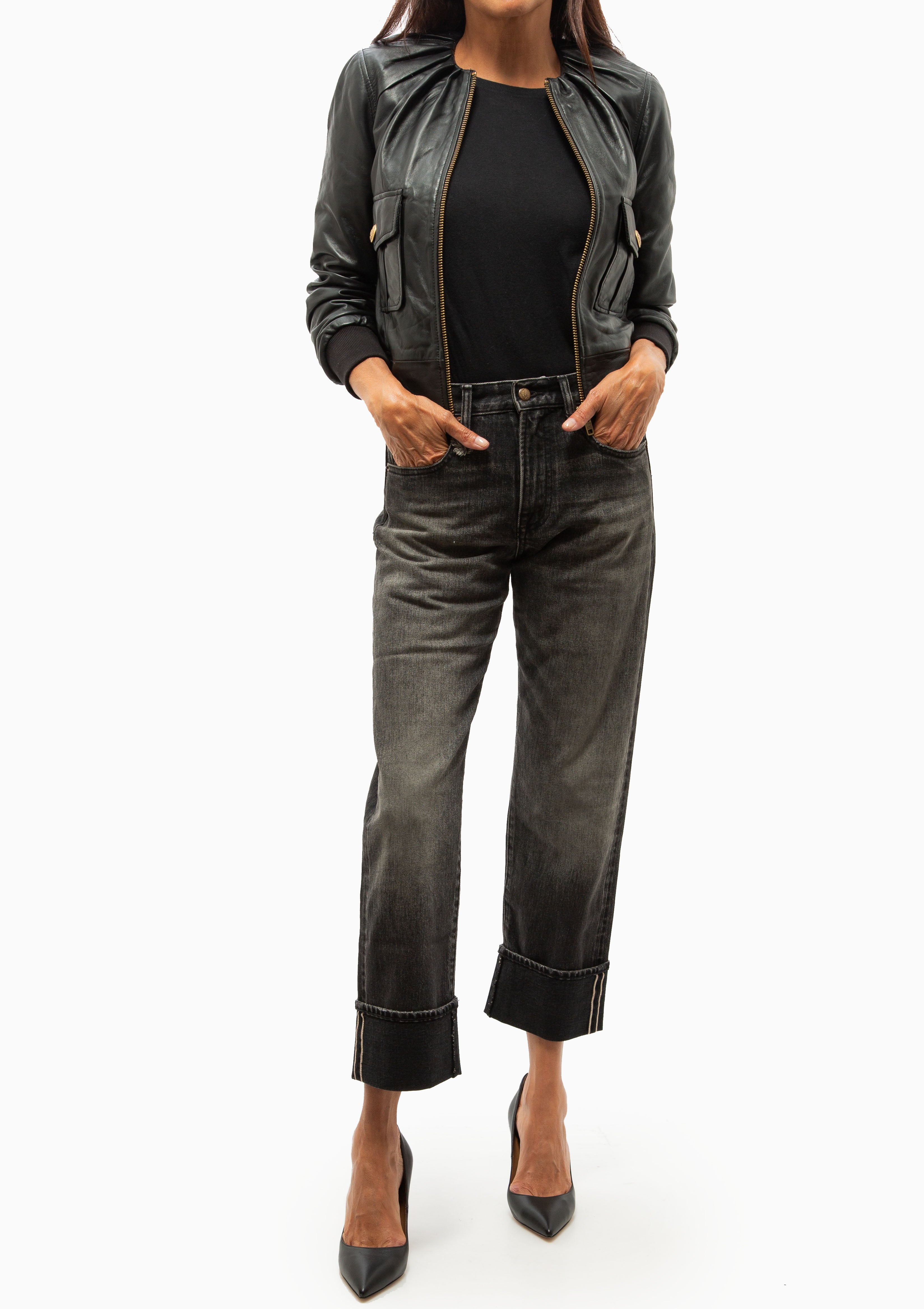 Pleated Neck Leather Jacket | Black