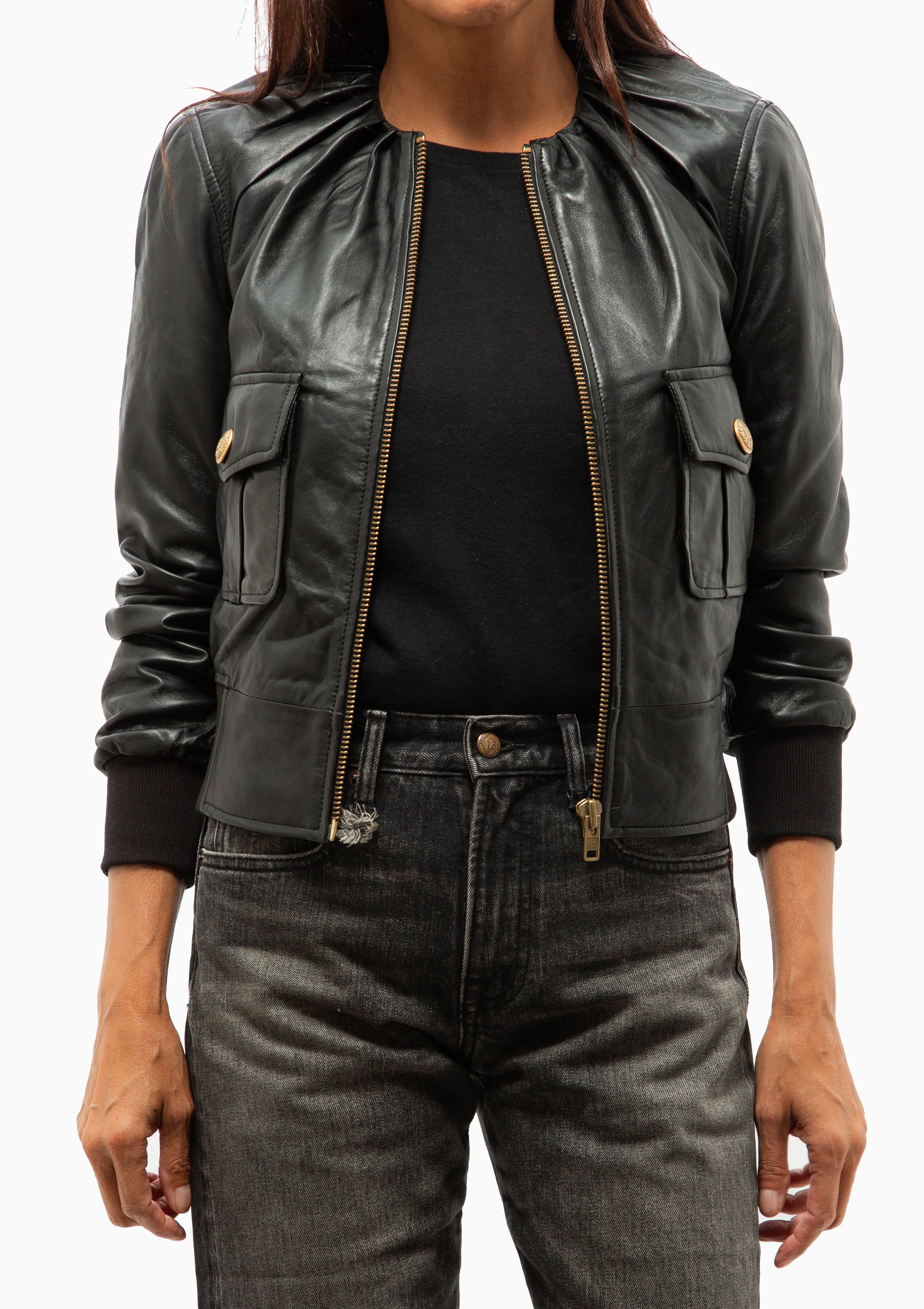 Pleated Neck Leather Jacket | Black