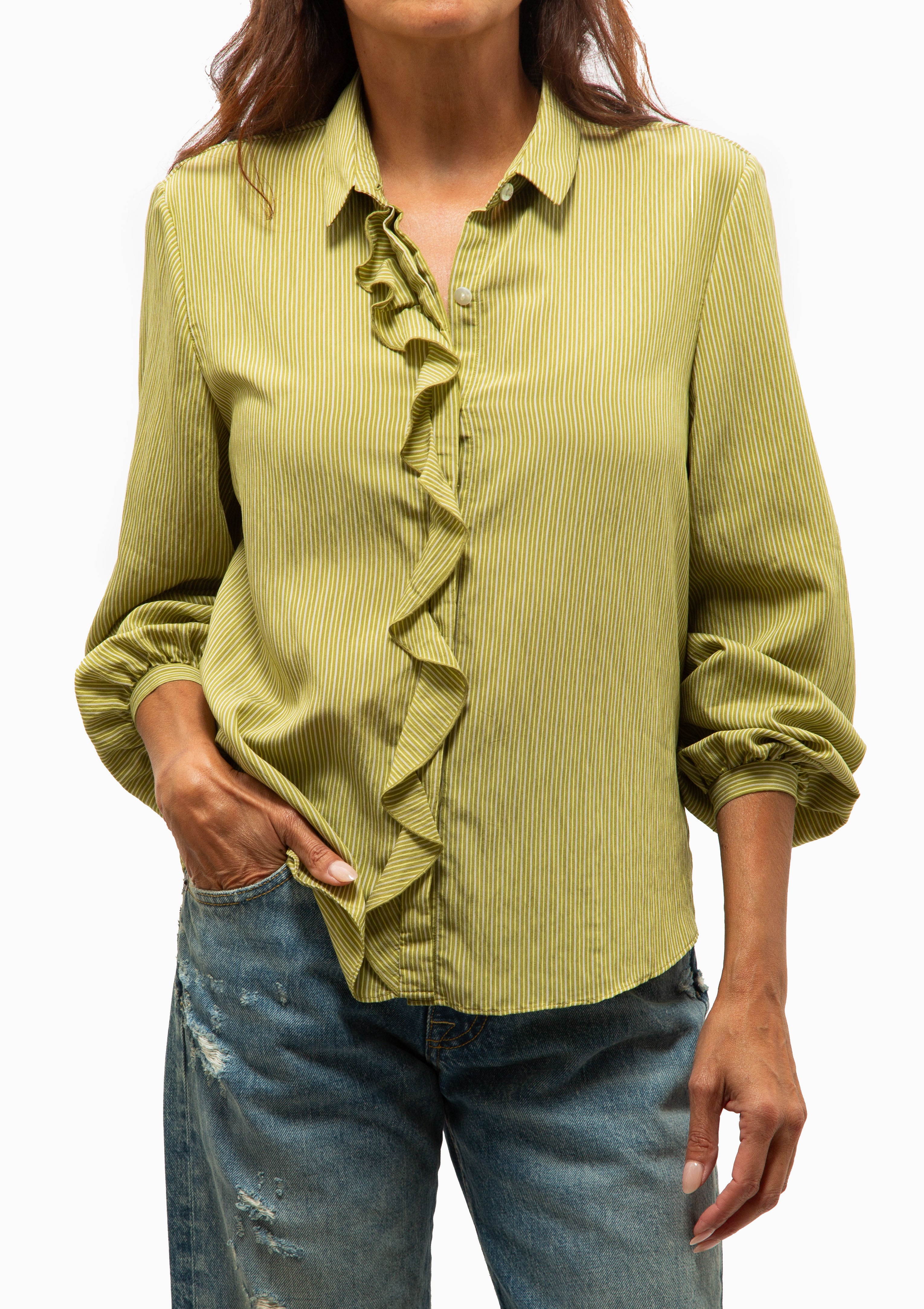 Ruffle Blouse | Green Stripe
