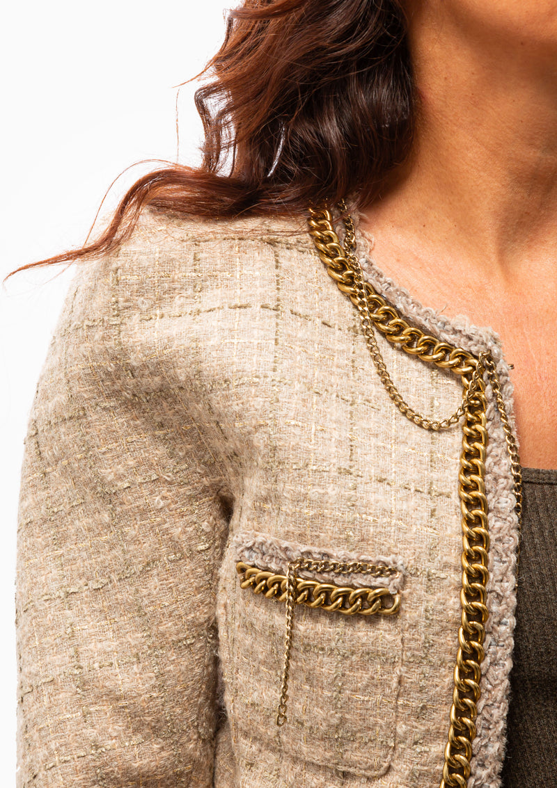Square Shoulder Tweed Jacket | Beige