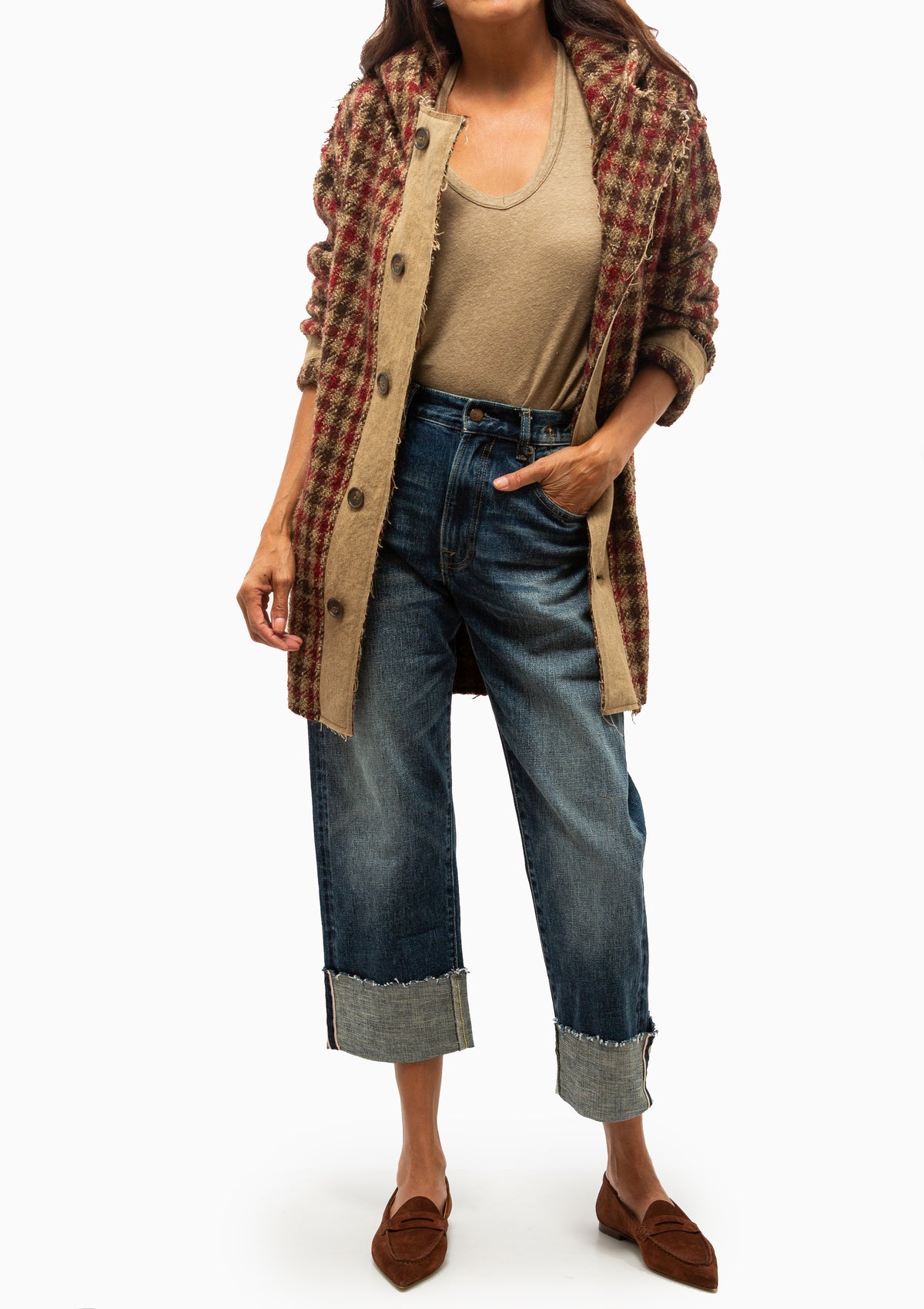 Oversized Hooded Jacket | Khaki Red Check
