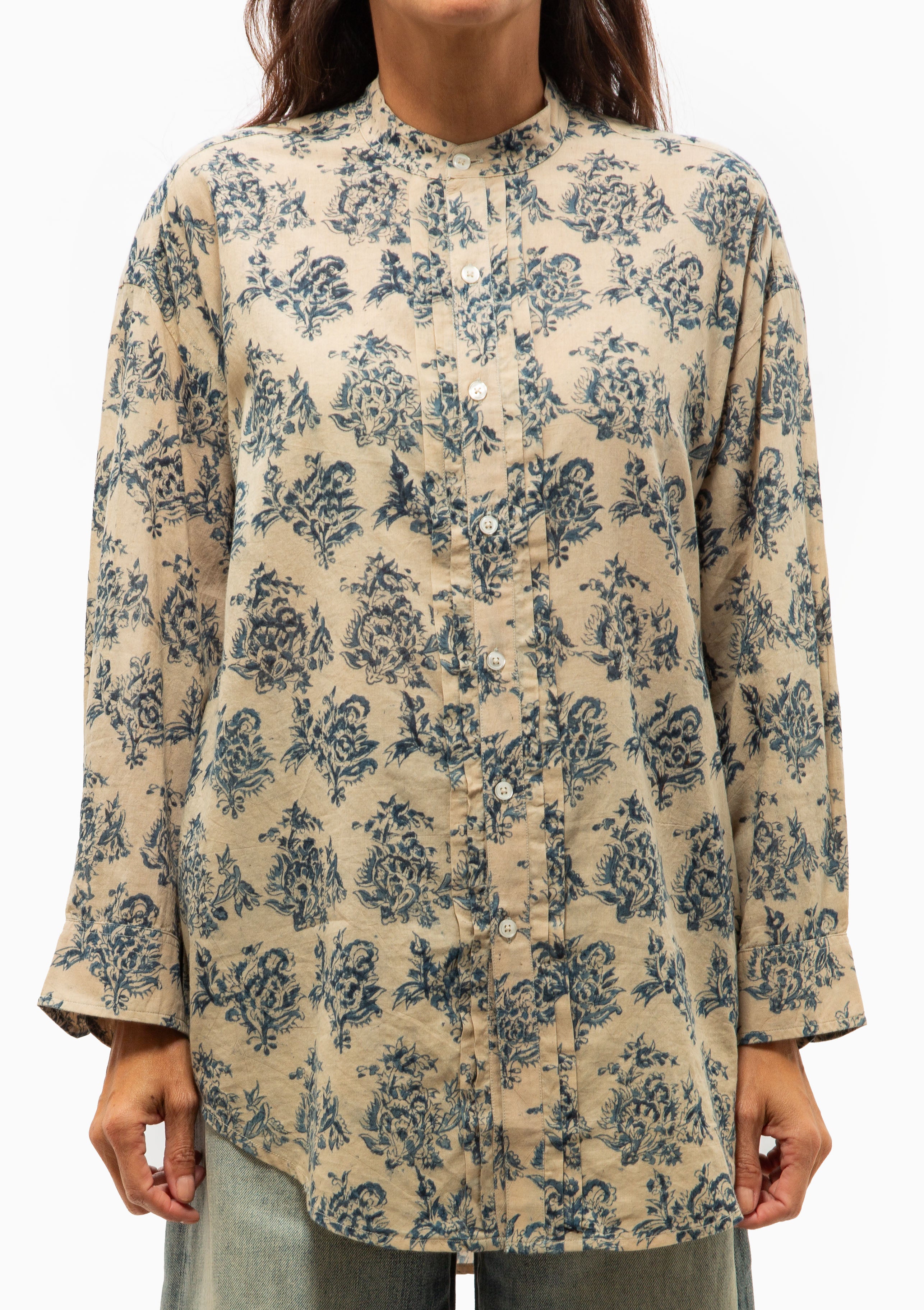 Pleated Front Shirt | Blue With White Floral