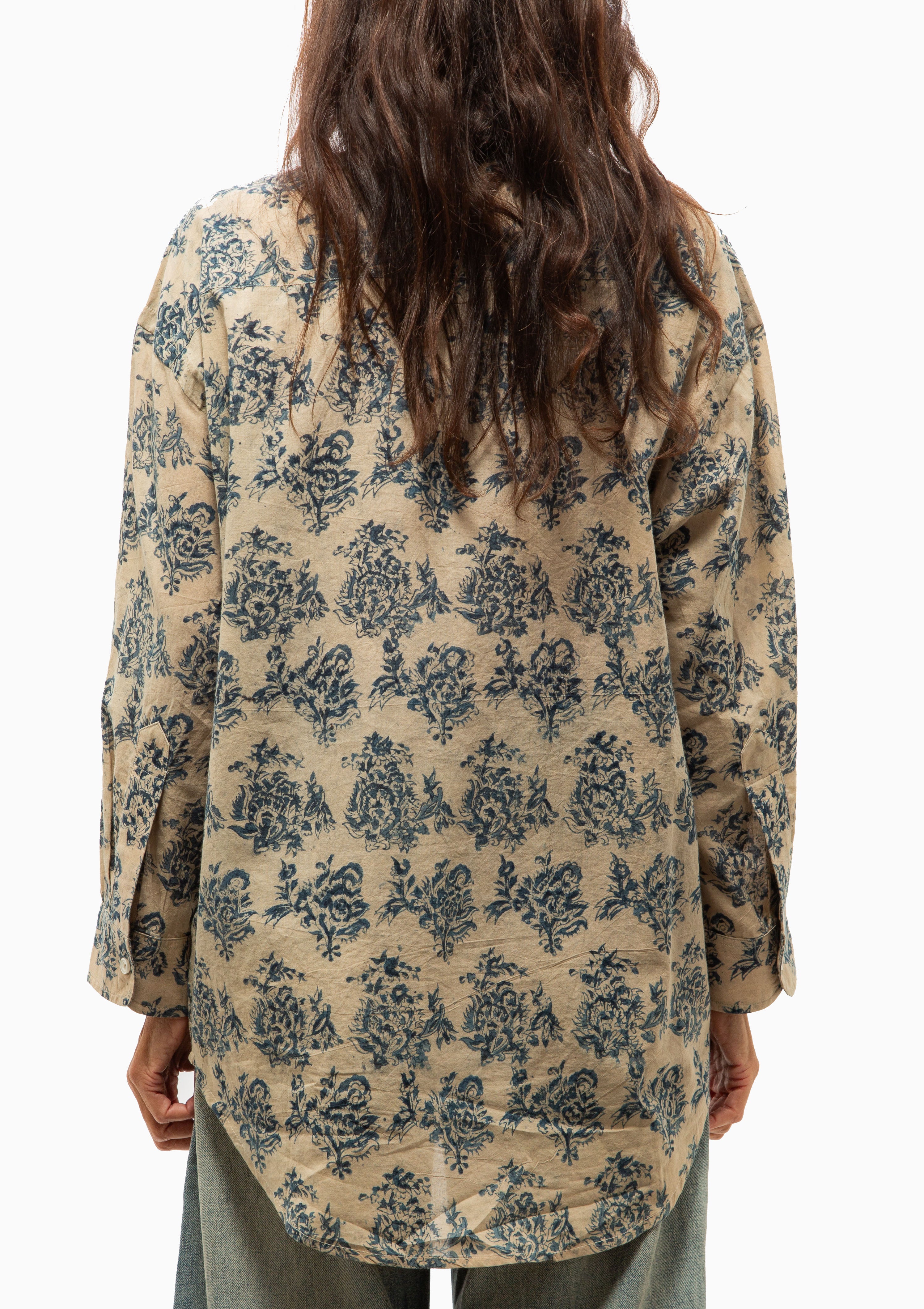 Pleated Front Shirt | Blue With White Floral