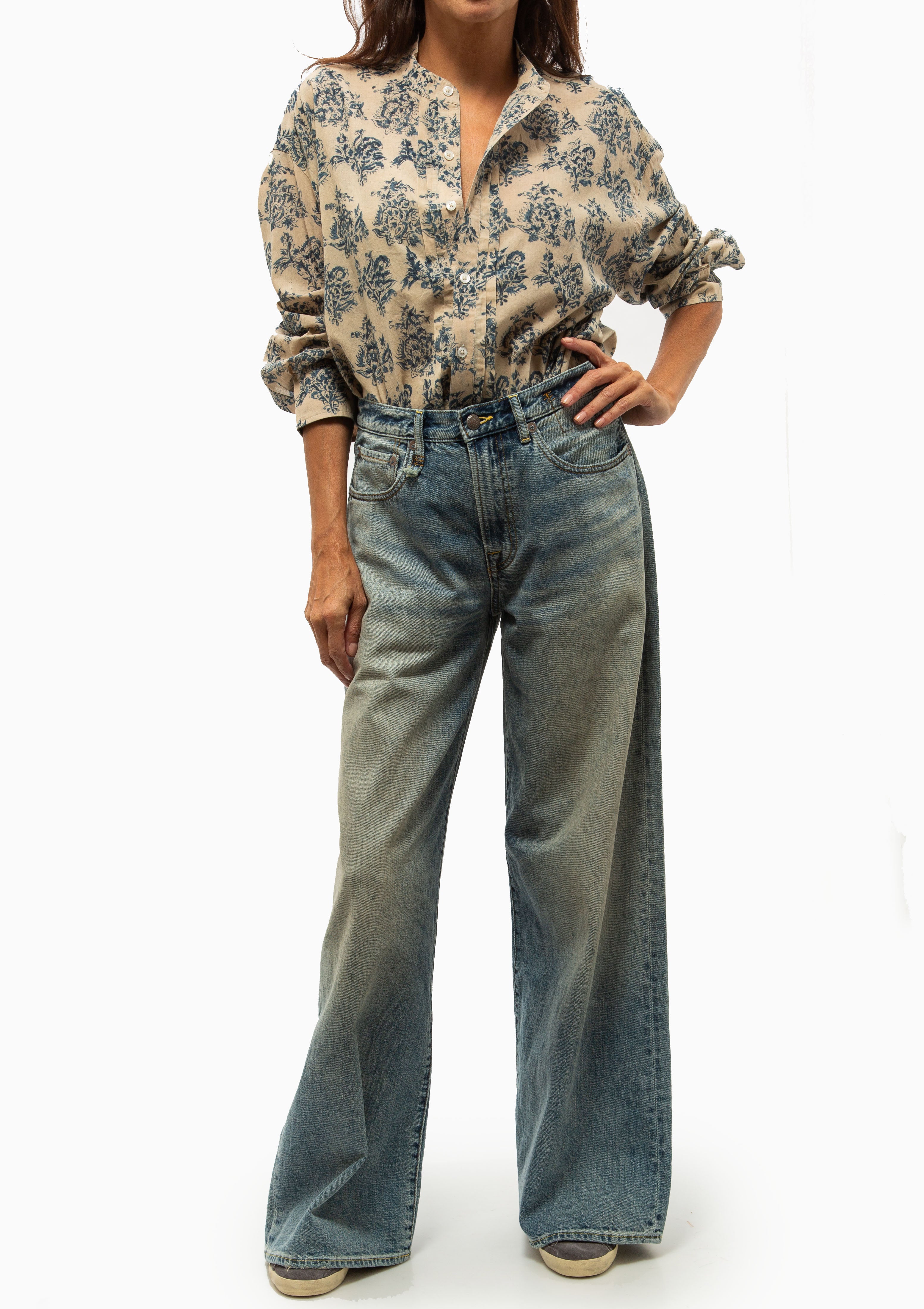 Pleated Front Shirt | Blue With White Floral