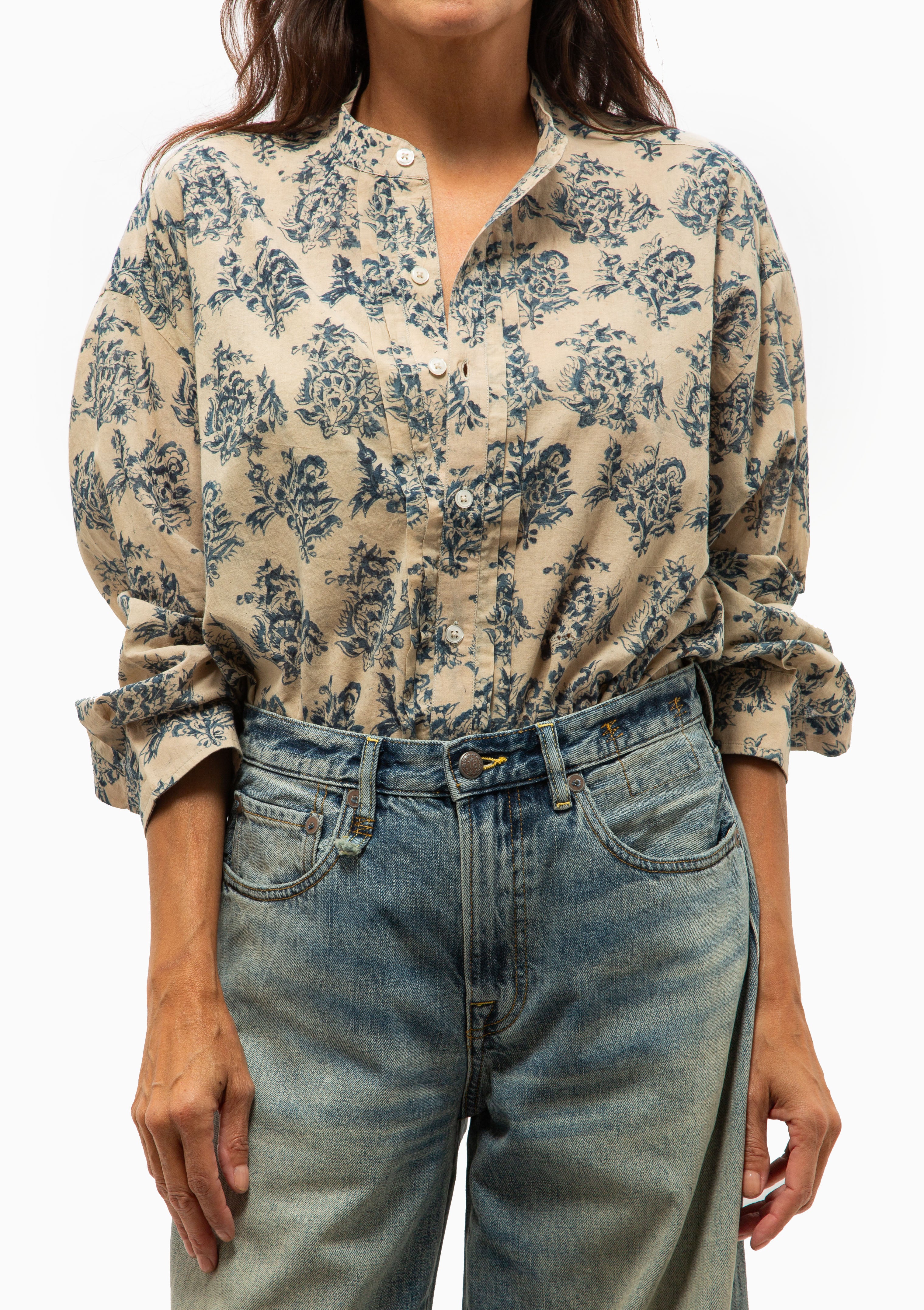 Pleated Front Shirt | Blue With White Floral