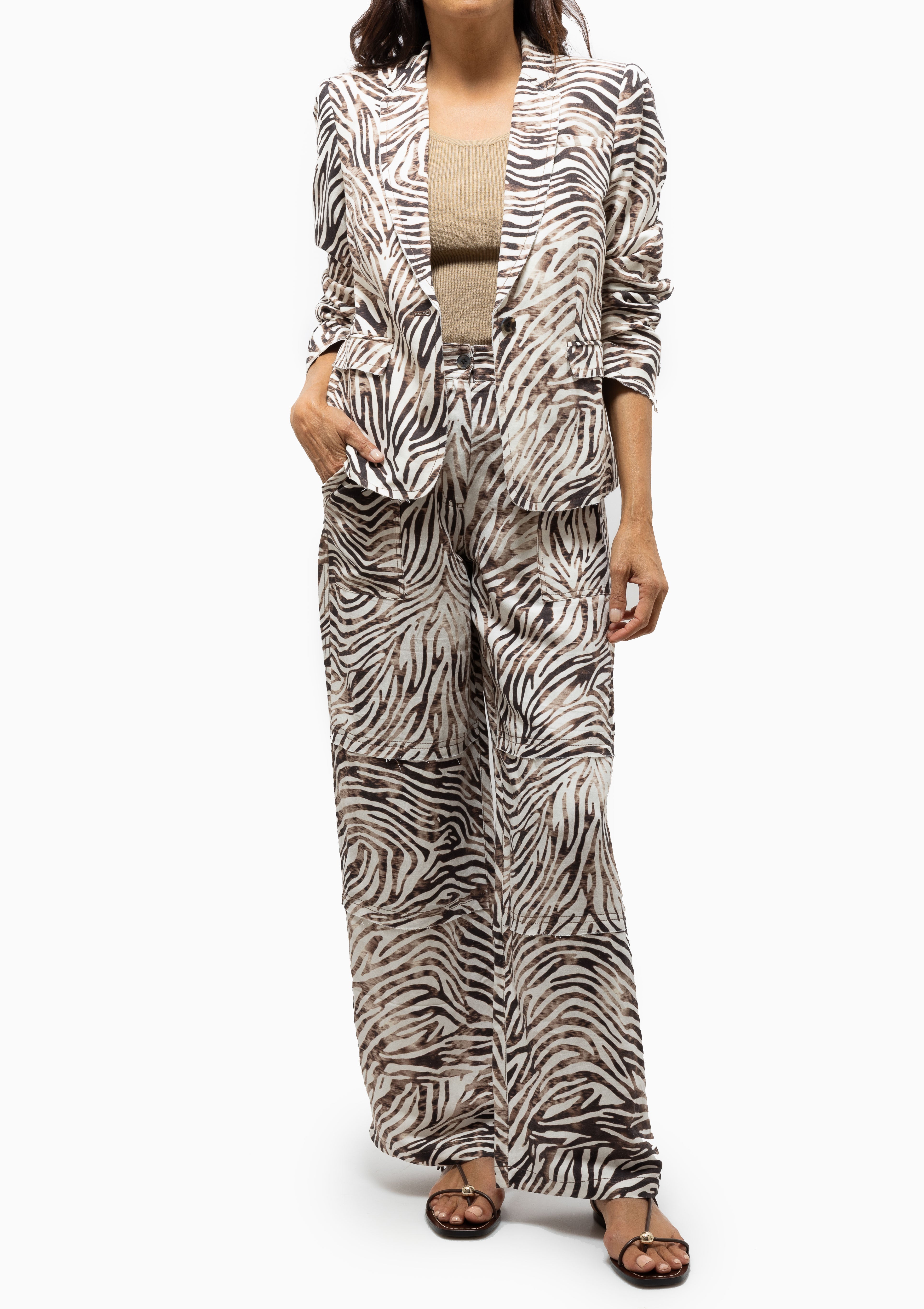 Silk Linen Print Pico Pant | Brown Zebra