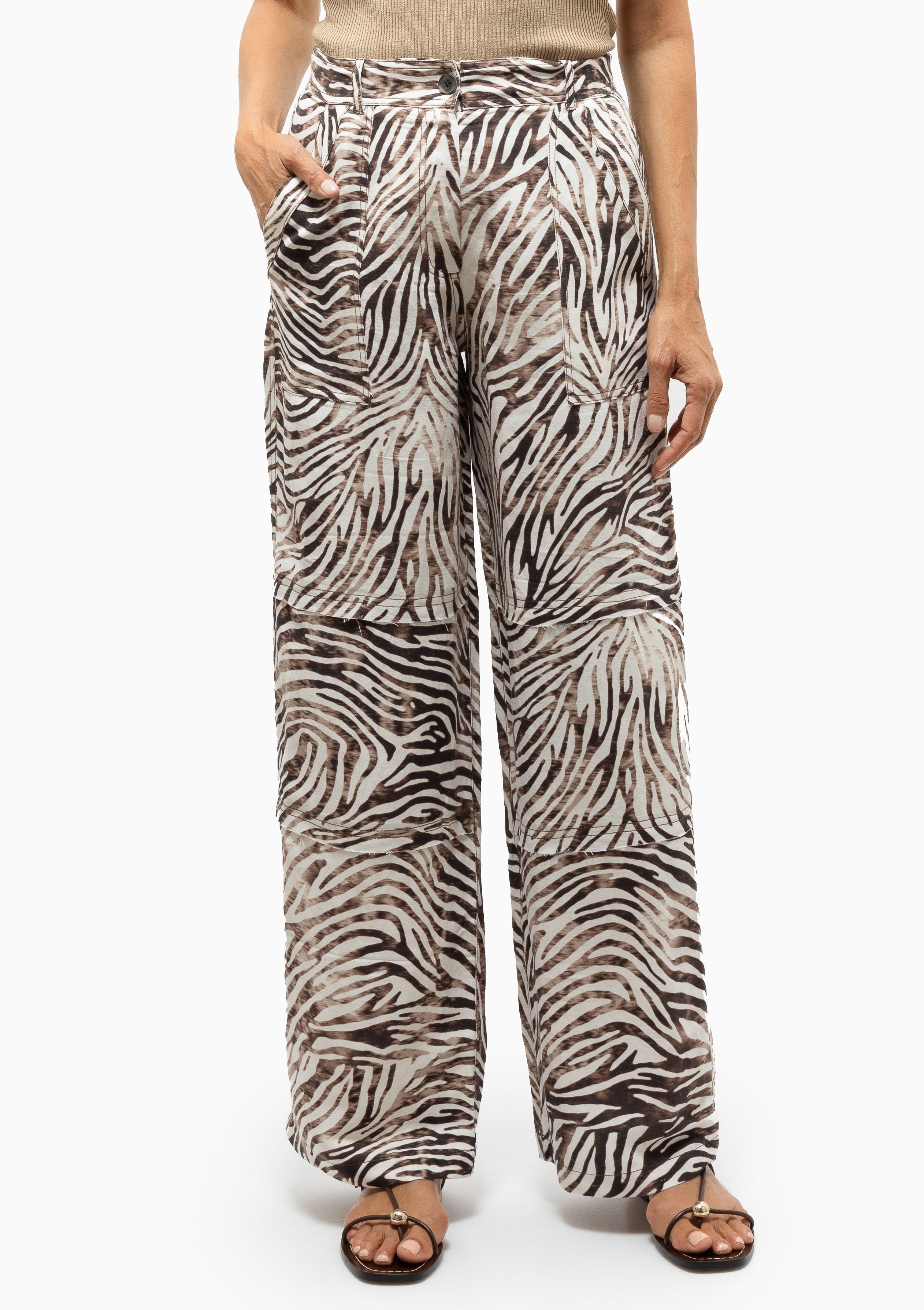 Silk Linen Print Pico Pant | Brown Zebra