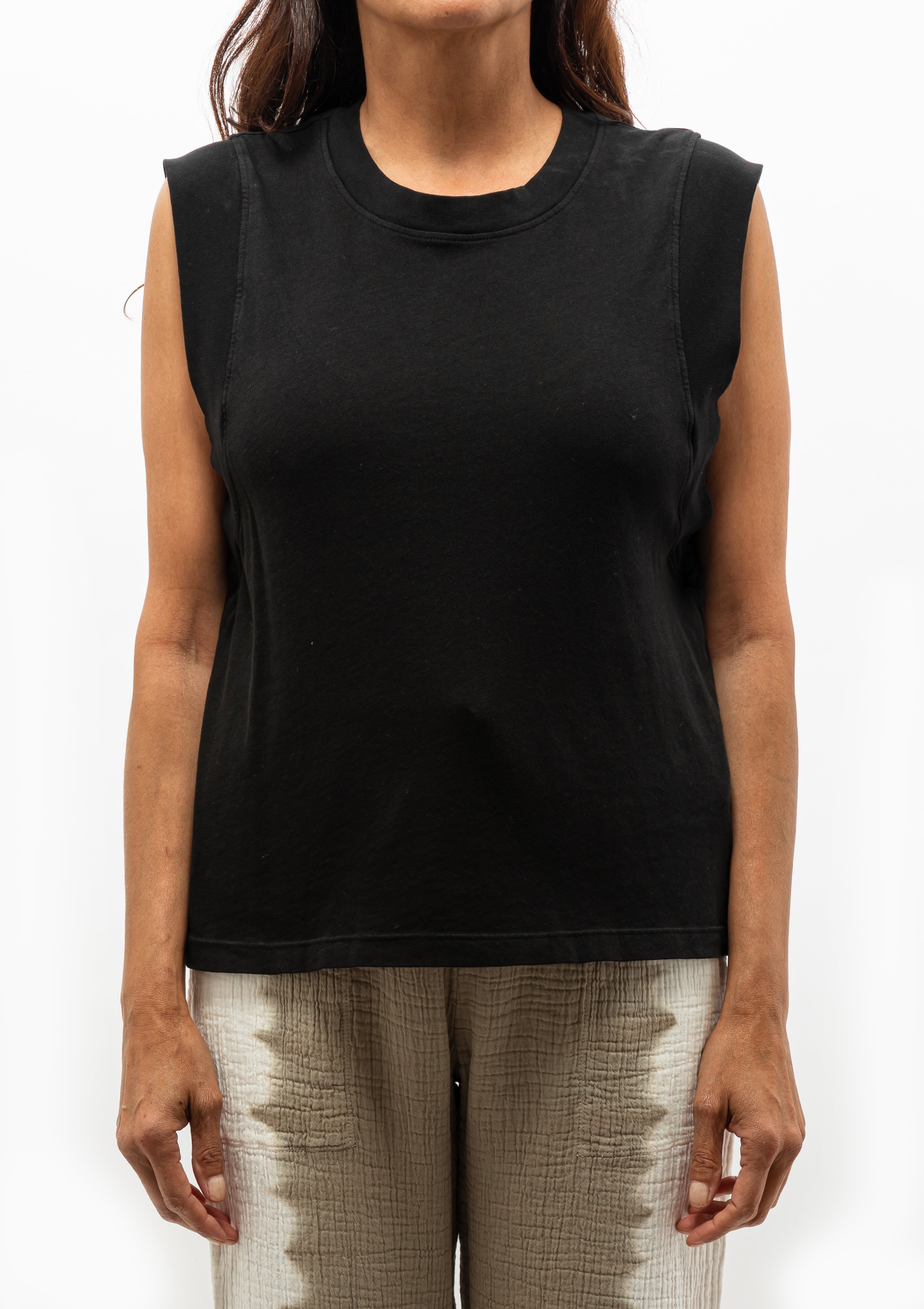 The sleeveless silhouette of the Raquel Allegra Classic Jersey Hauser Muscle tee - Available at Diani Boutique.