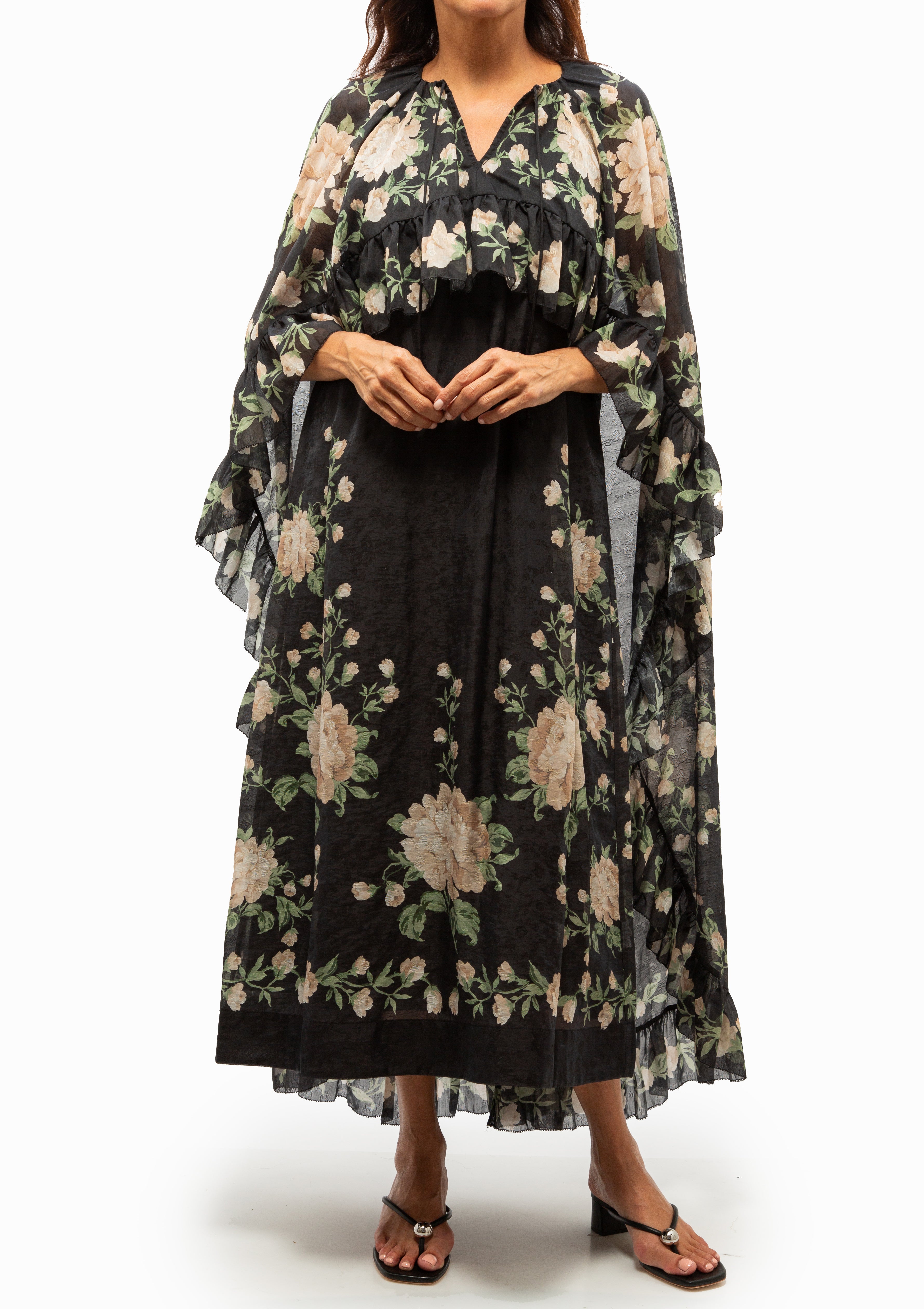 Christina Print Midi Cape Dress | Black