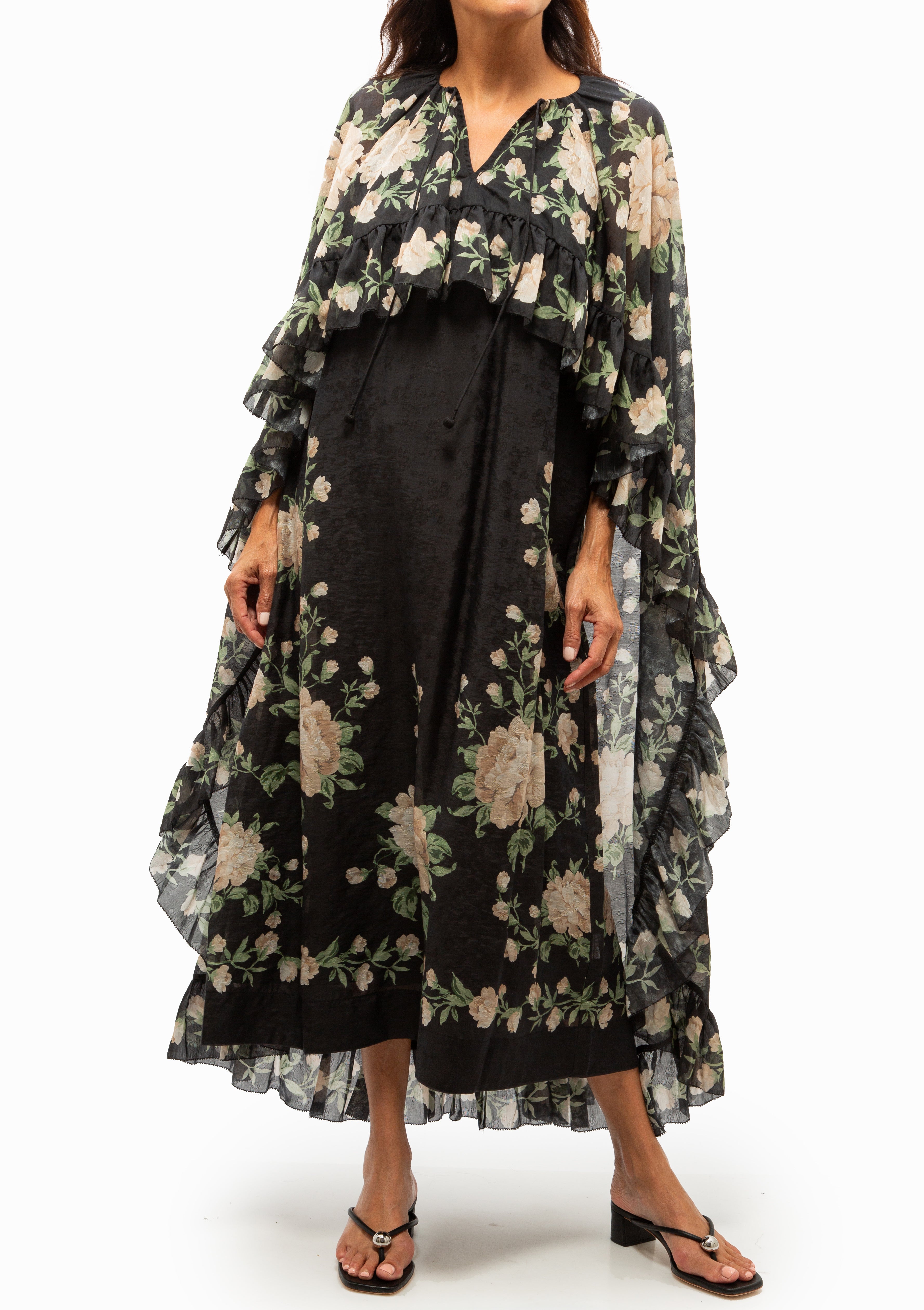 Christina Print Midi Cape Dress | Black