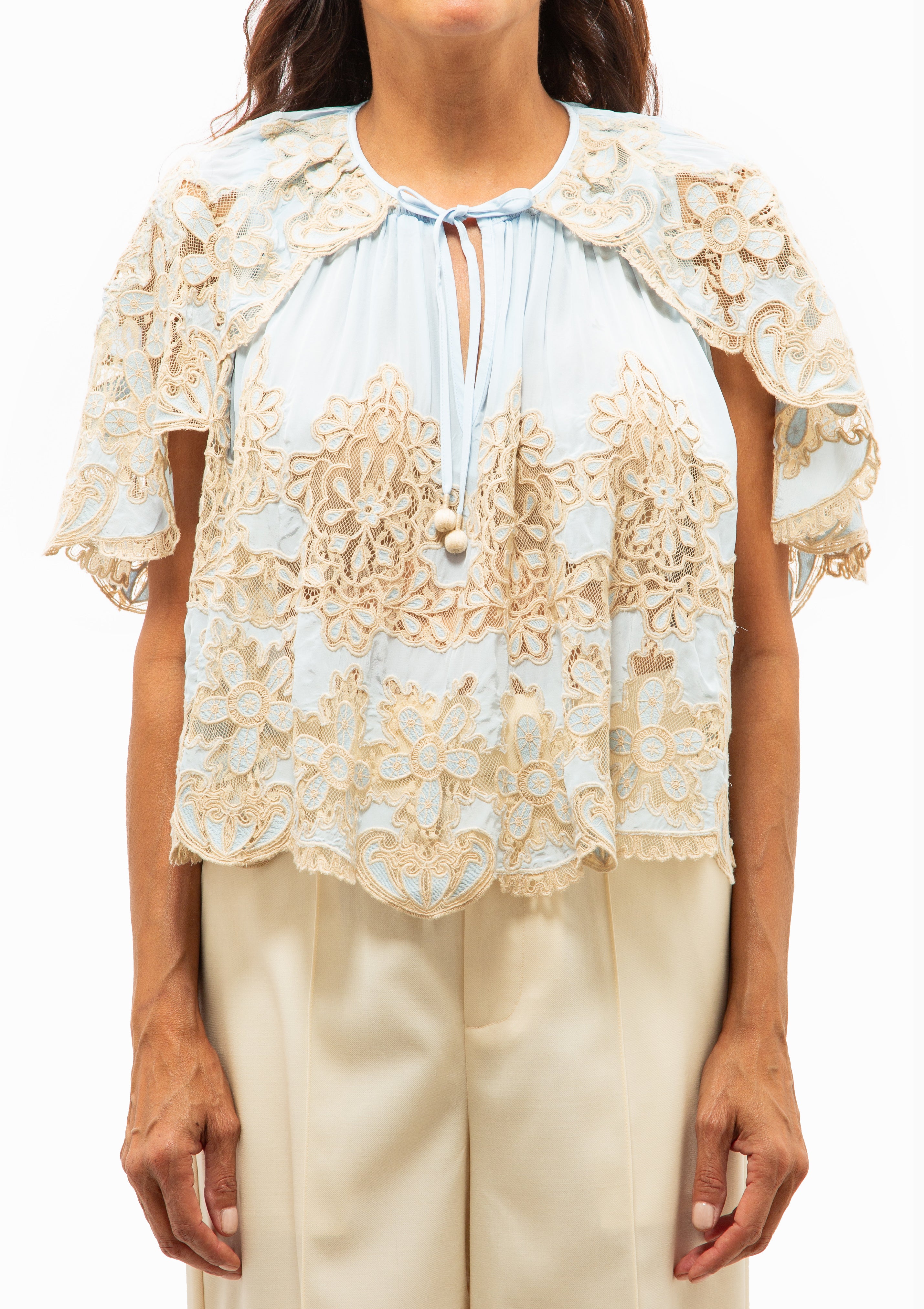Gracelyn Lace Embroidered Cape Top | Blue