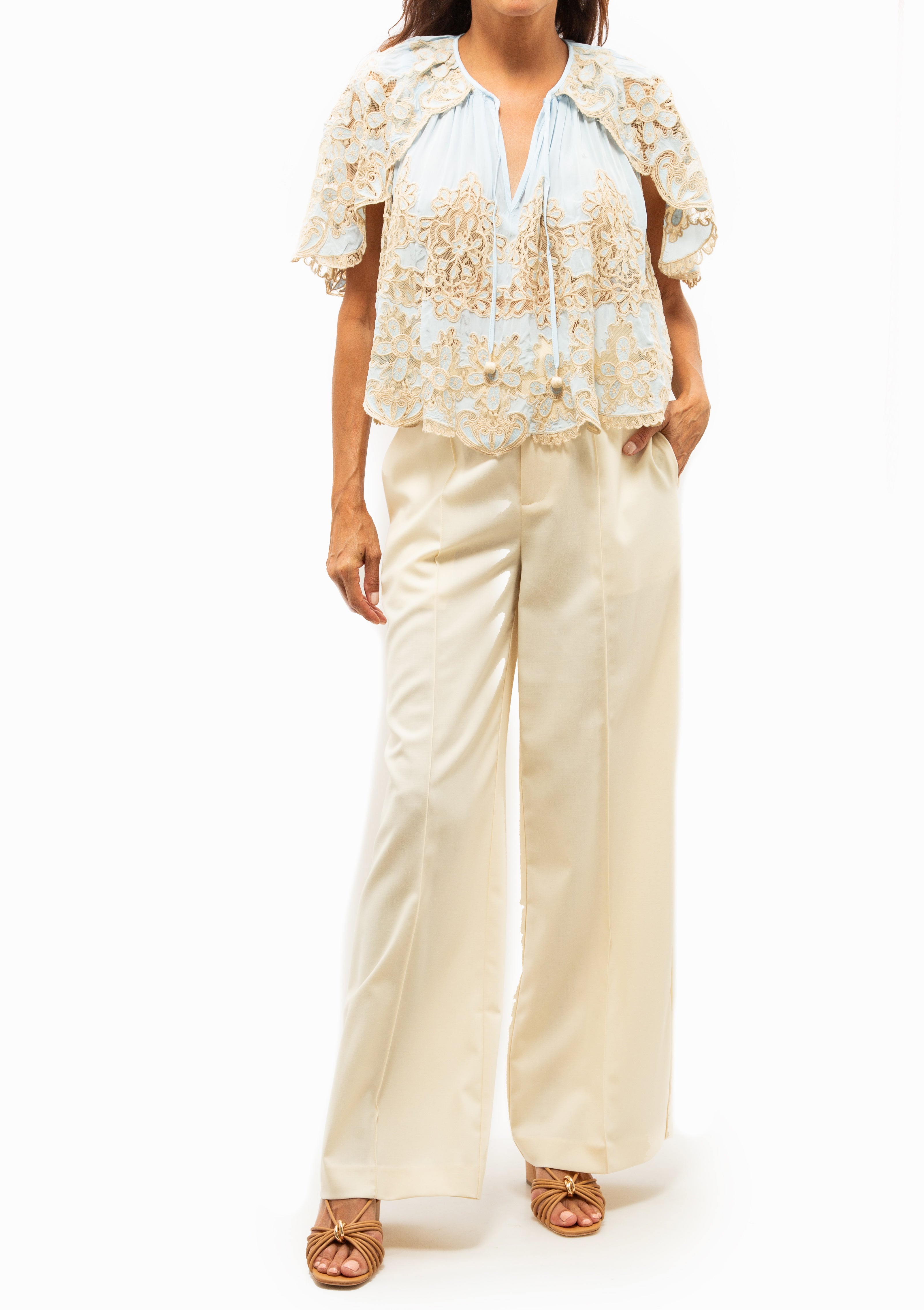 Gracelyn Lace Embroidered Cape Top | Blue
