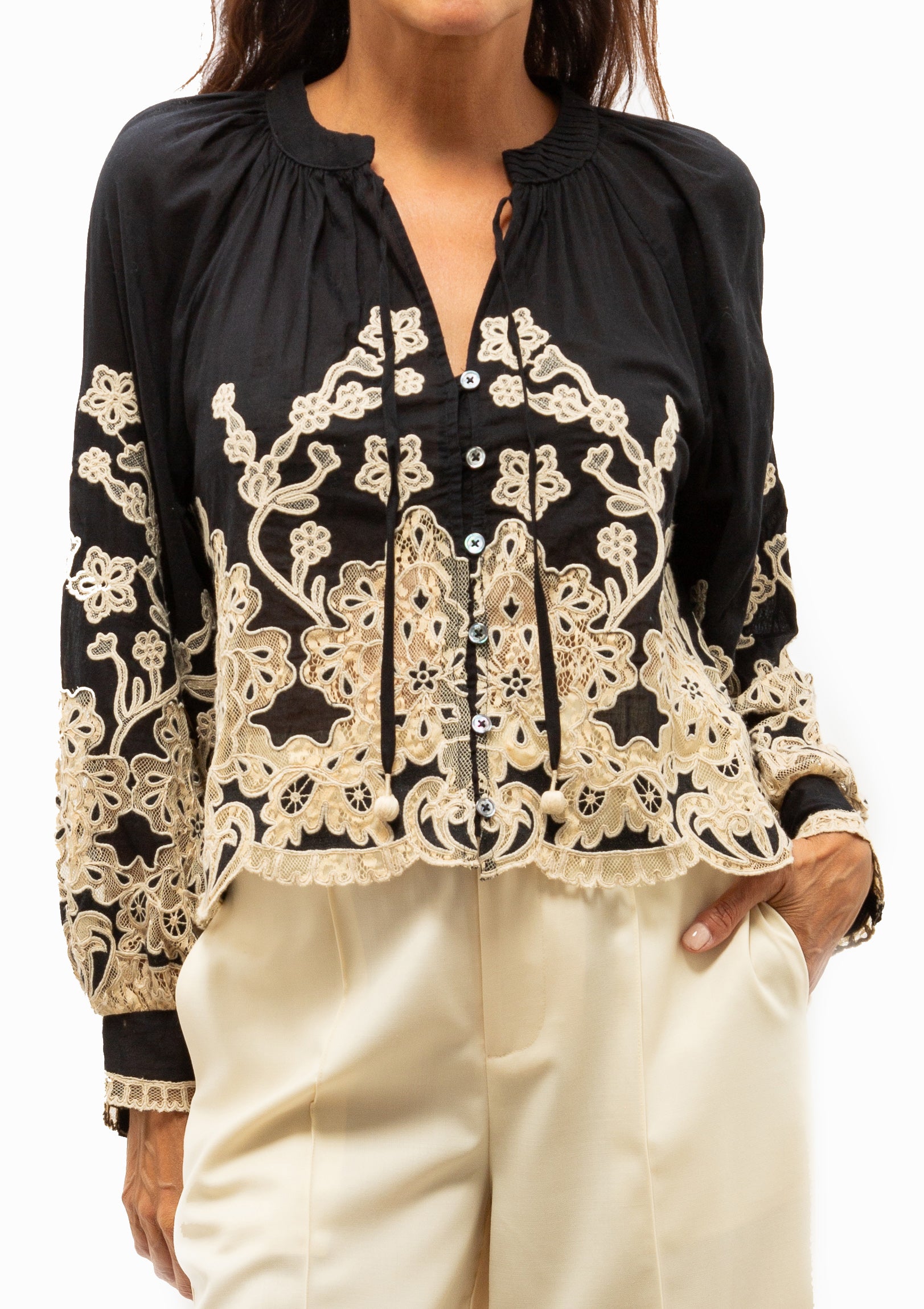 Gracelyn Lace Embroidered Long Sleeve Top | Black