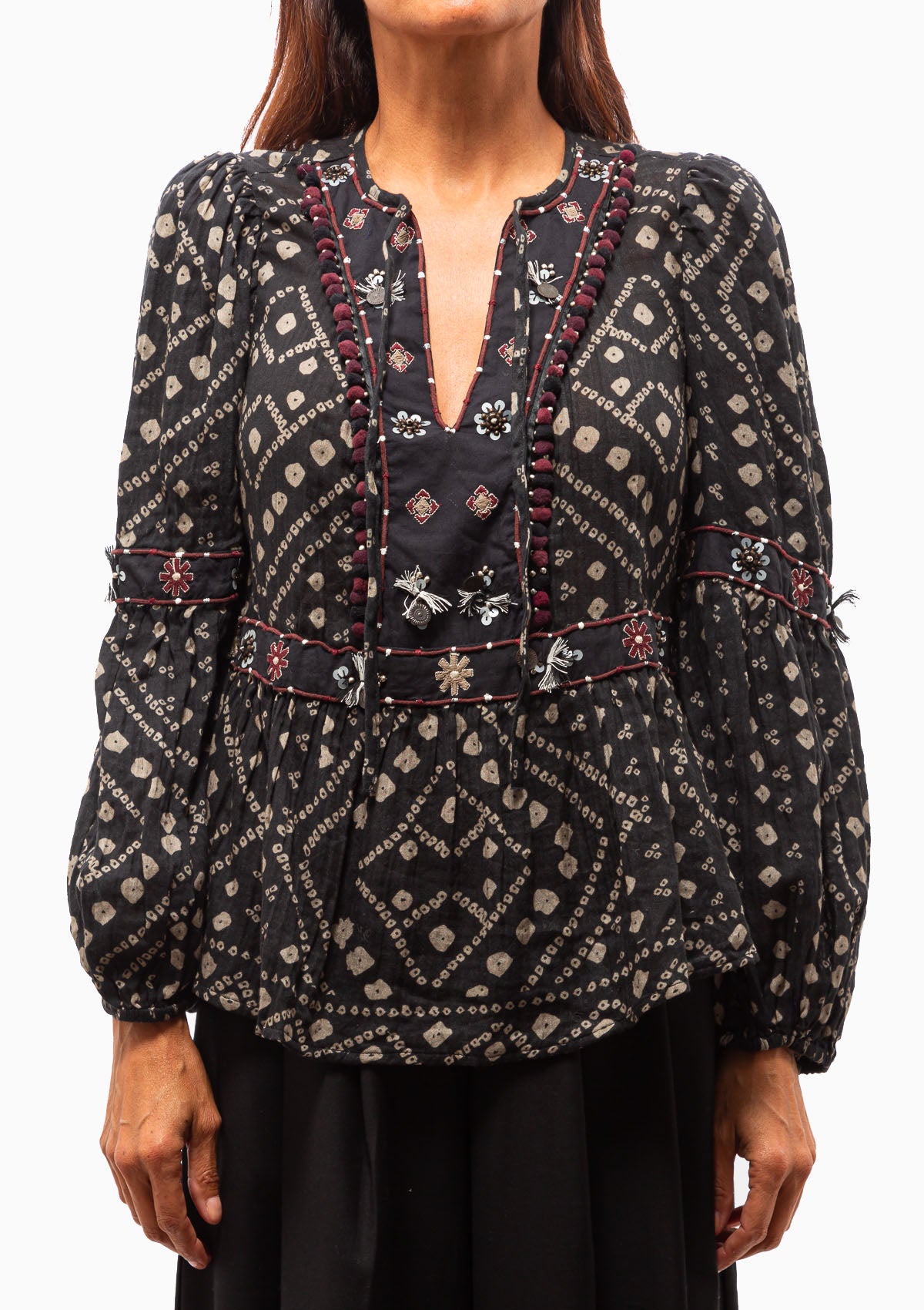 Maja Embroidery Long Sleeve Top | Black