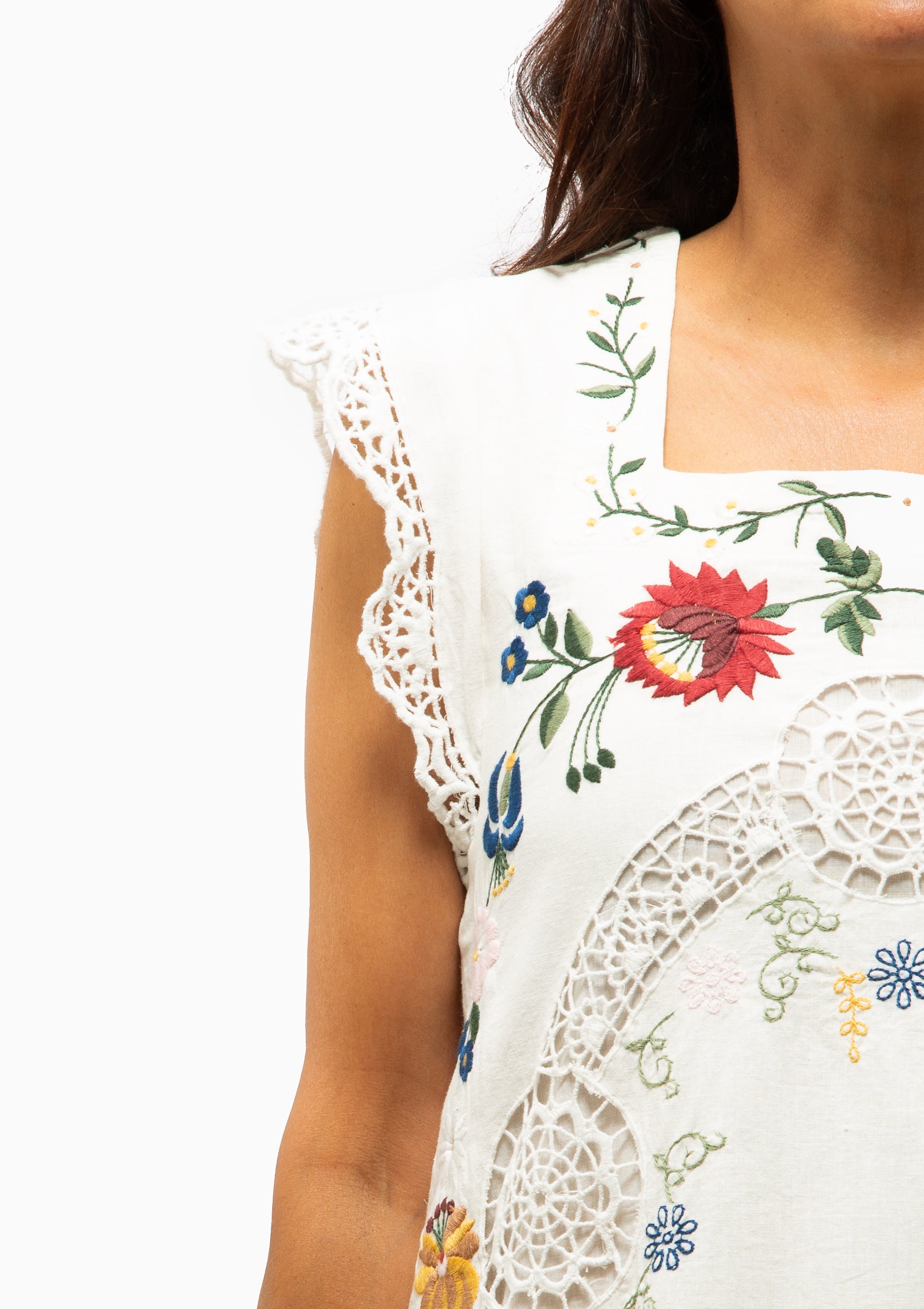 Celia Embroidery Tank Midi Dress | Cream