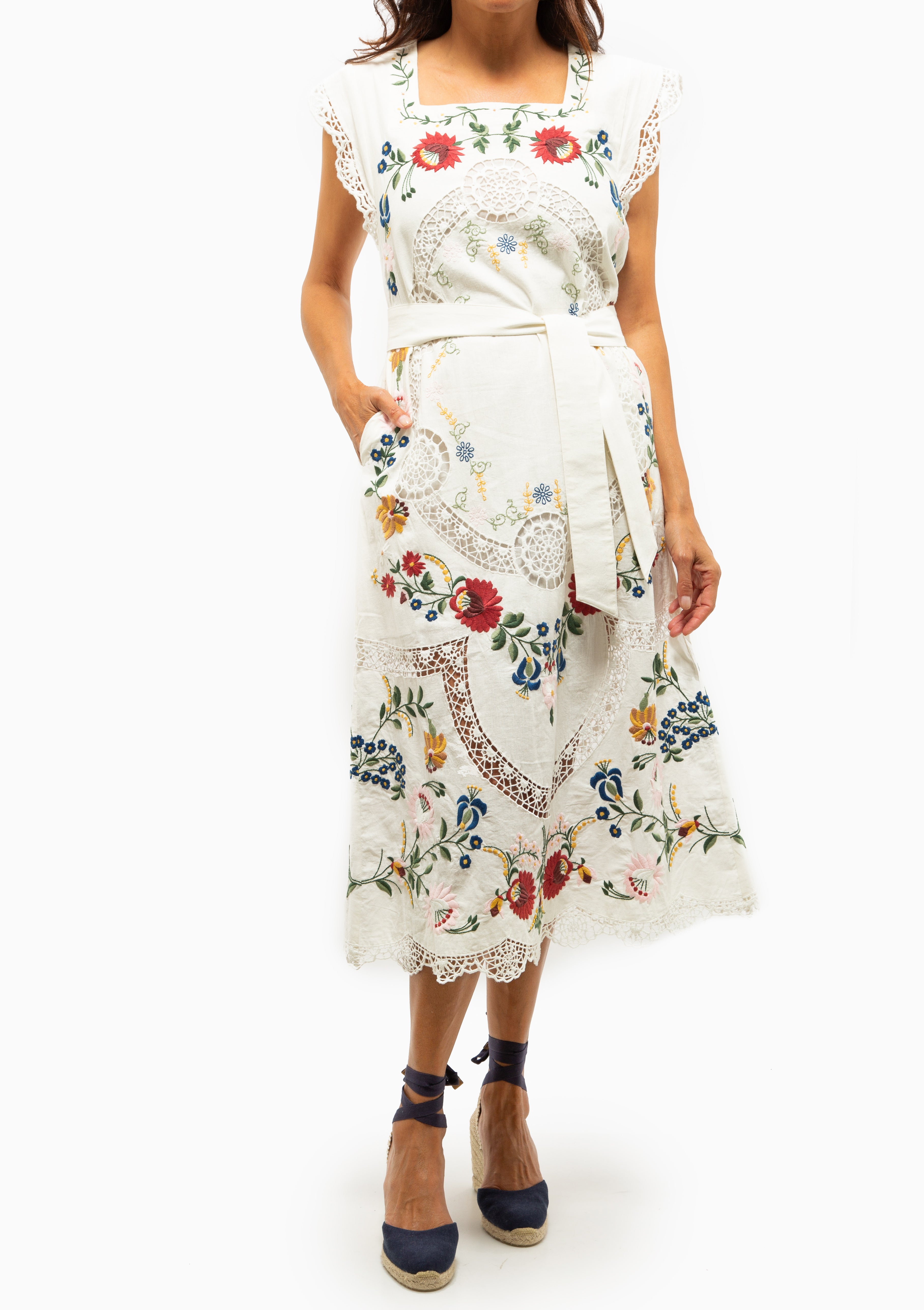 Celia Embroidery Tank Midi Dress | Cream