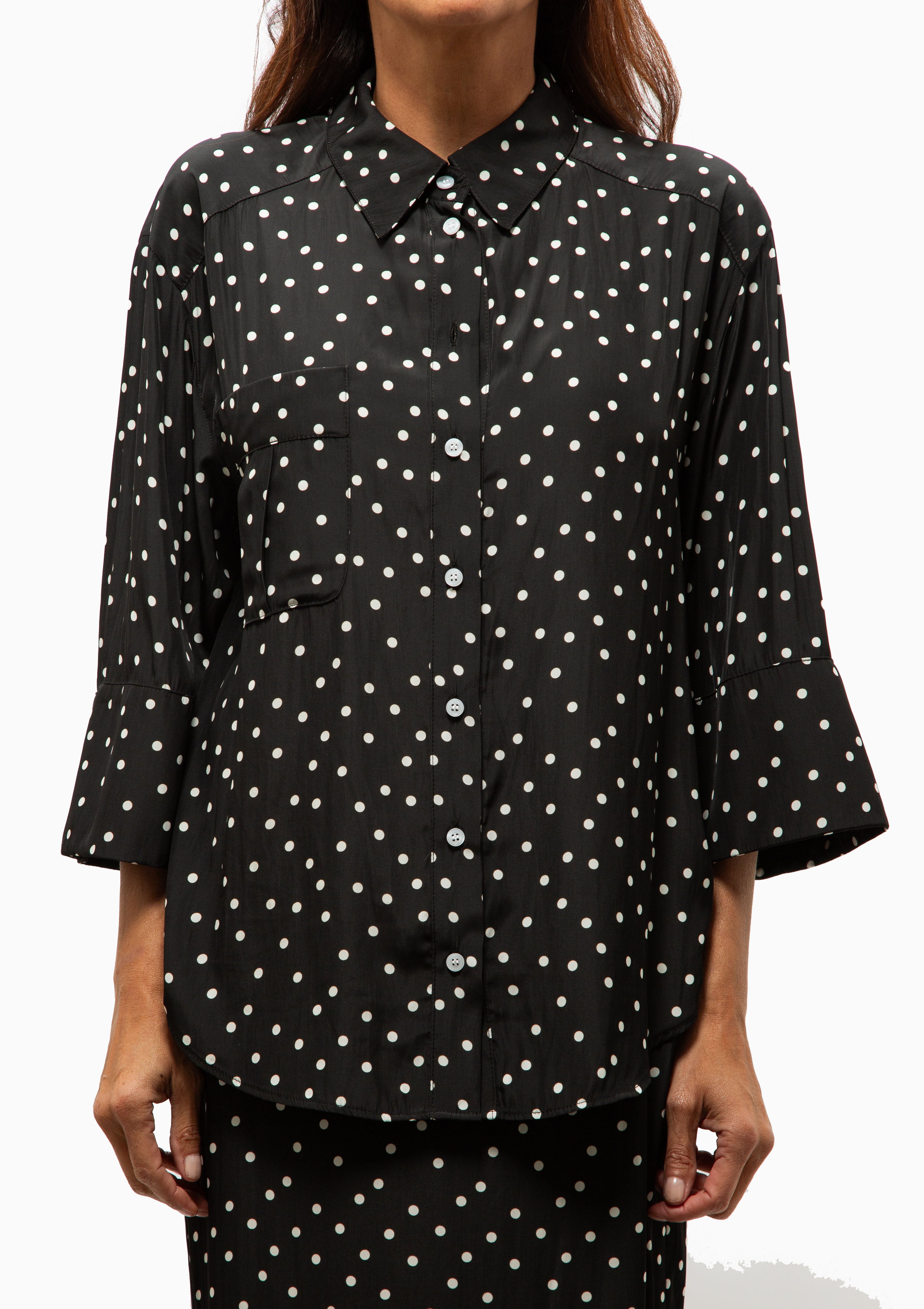 3/4 Sleeve Relaxed Shirt | Black Polka Dot