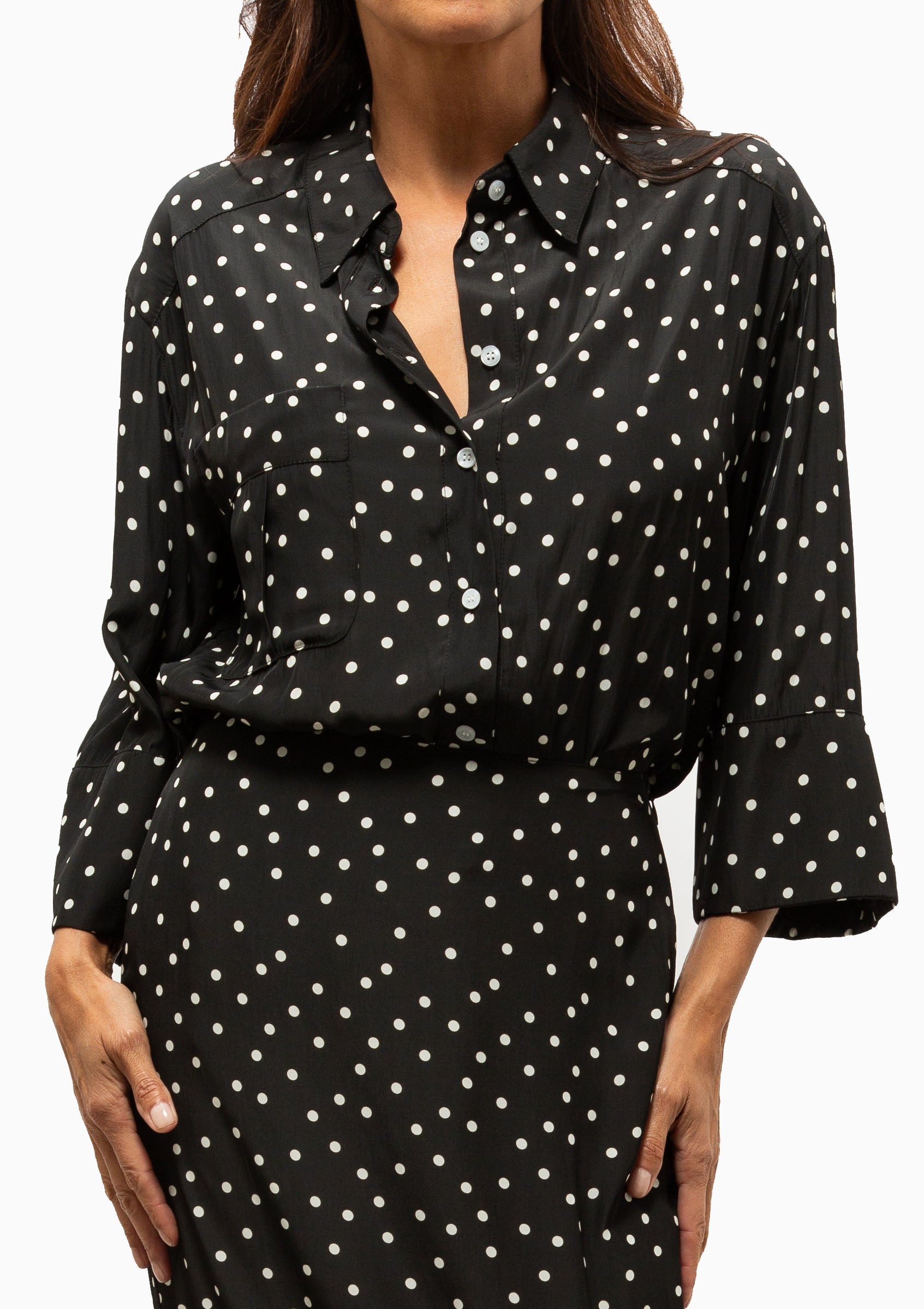 3/4 Sleeve Relaxed Shirt | Black Polka Dot