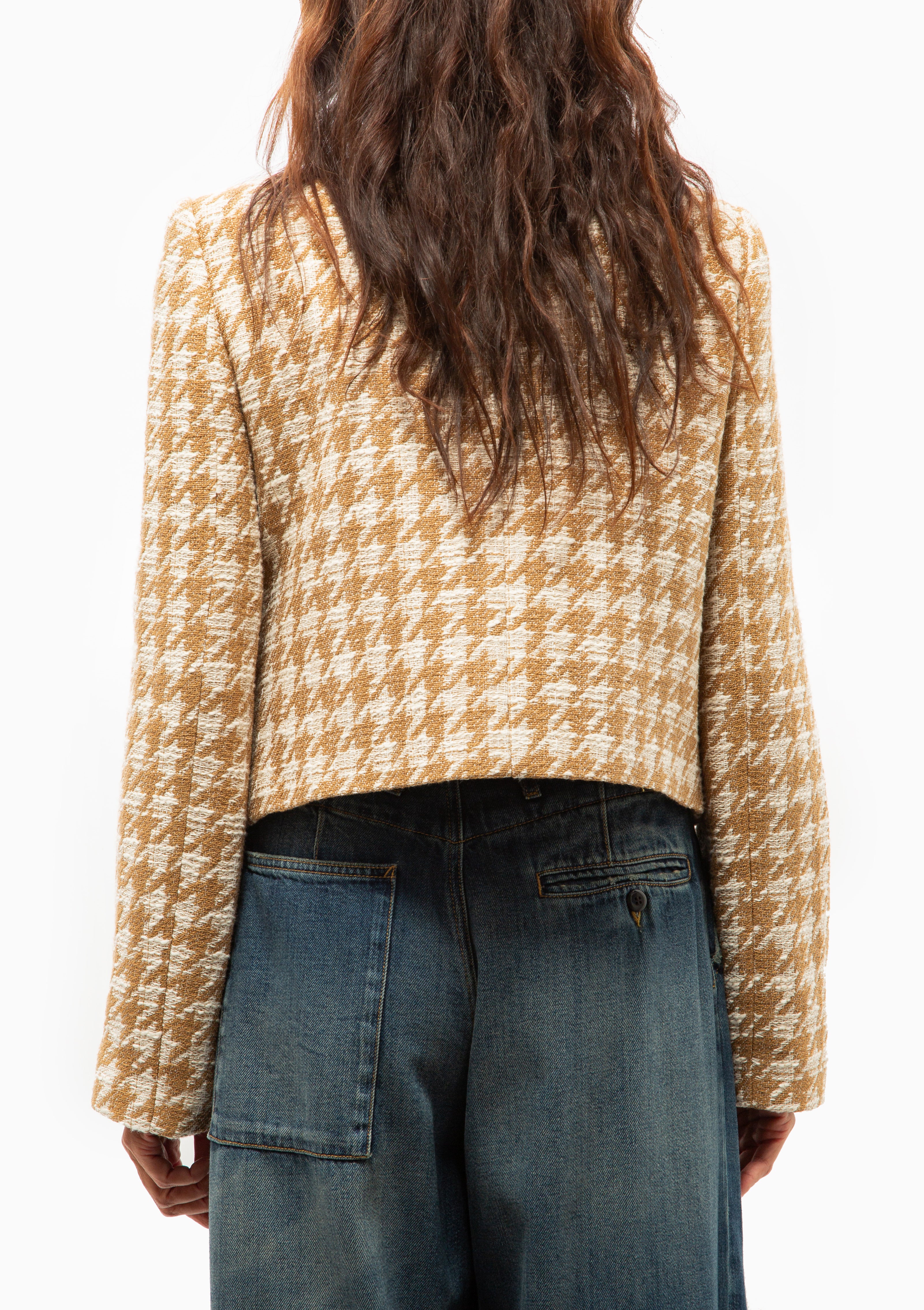 Collarless DB Mini Jacket | Camel Houndstooth