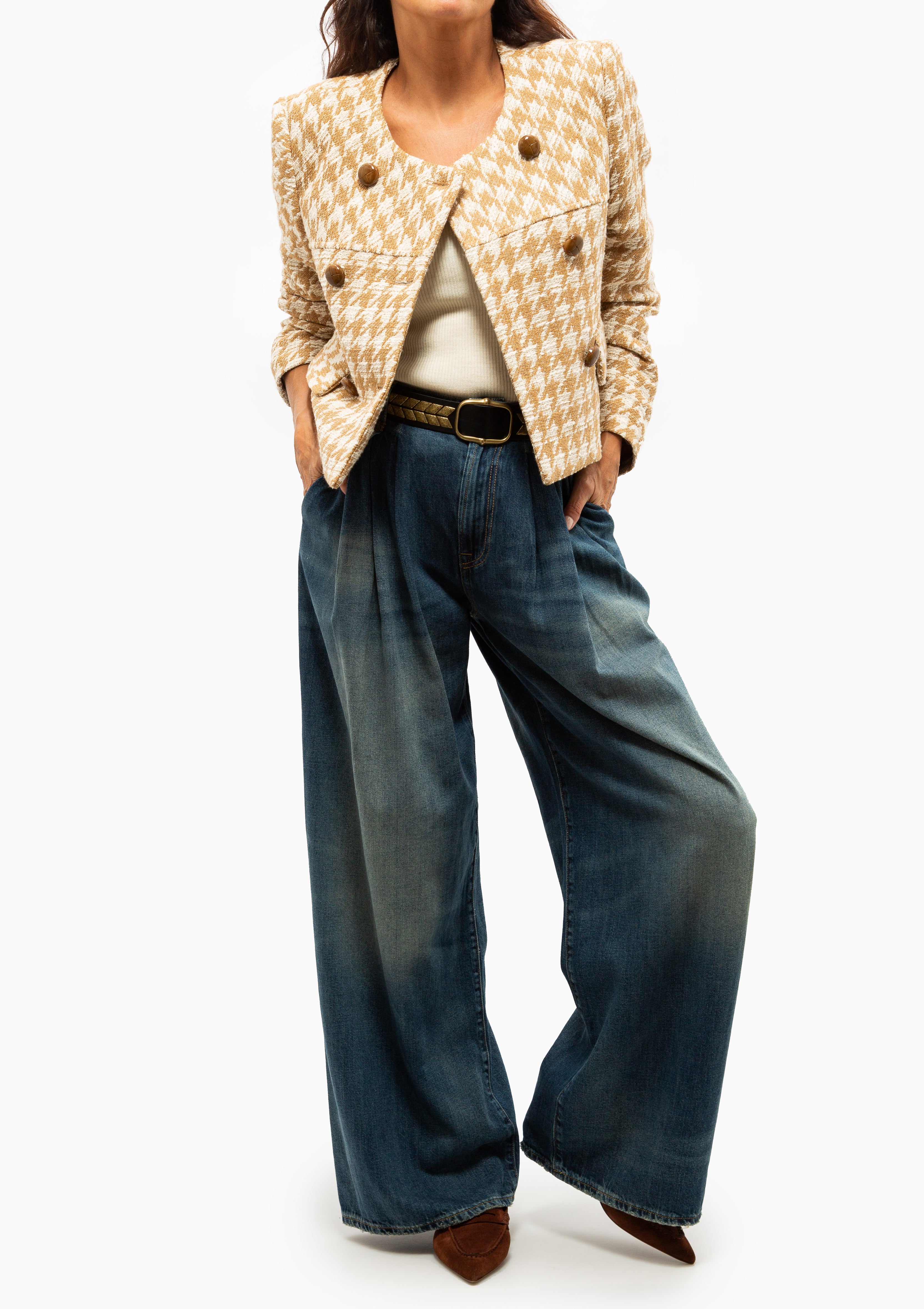 Collarless DB Mini Jacket | Camel Houndstooth