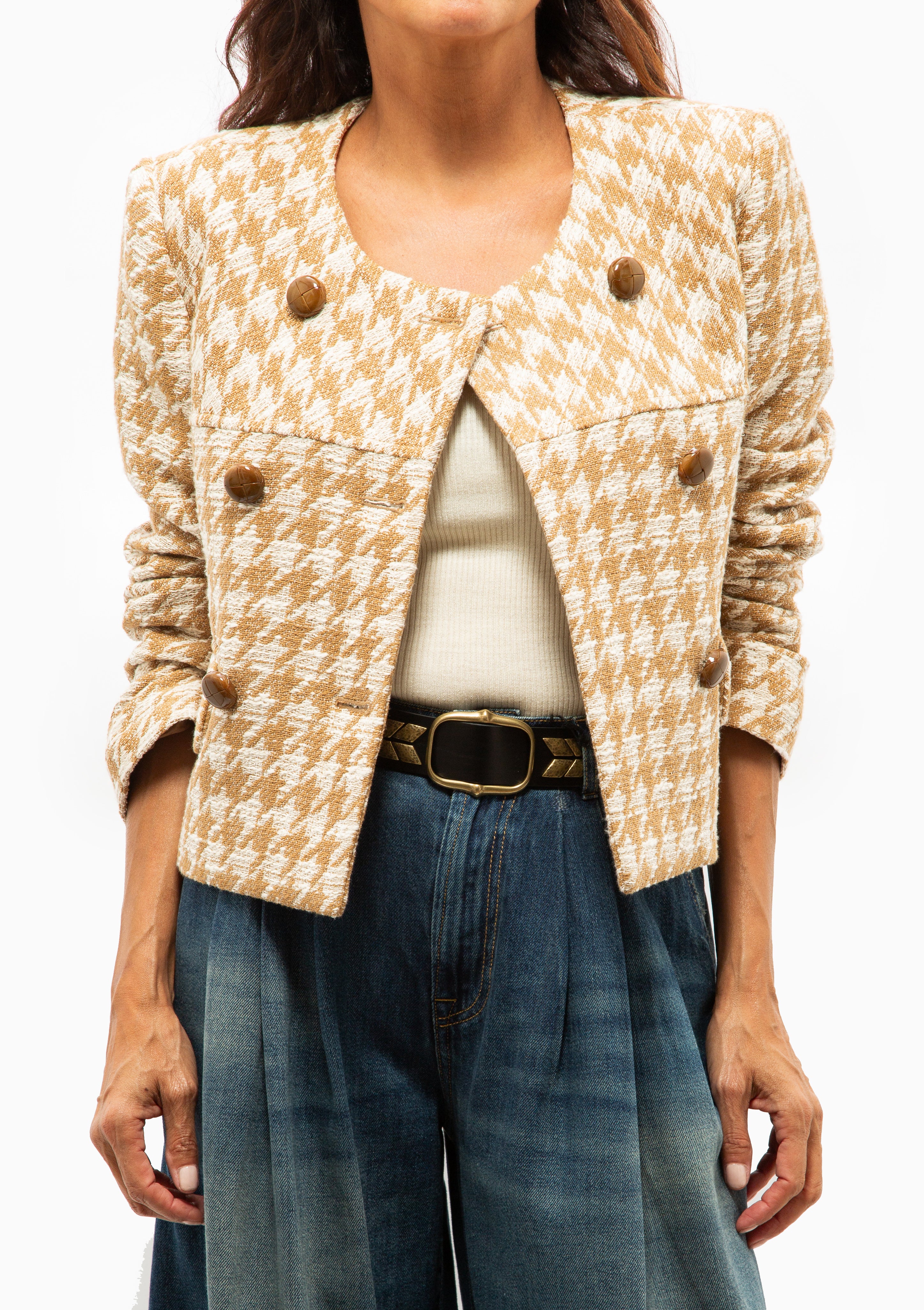 Collarless DB Mini Jacket | Camel Houndstooth