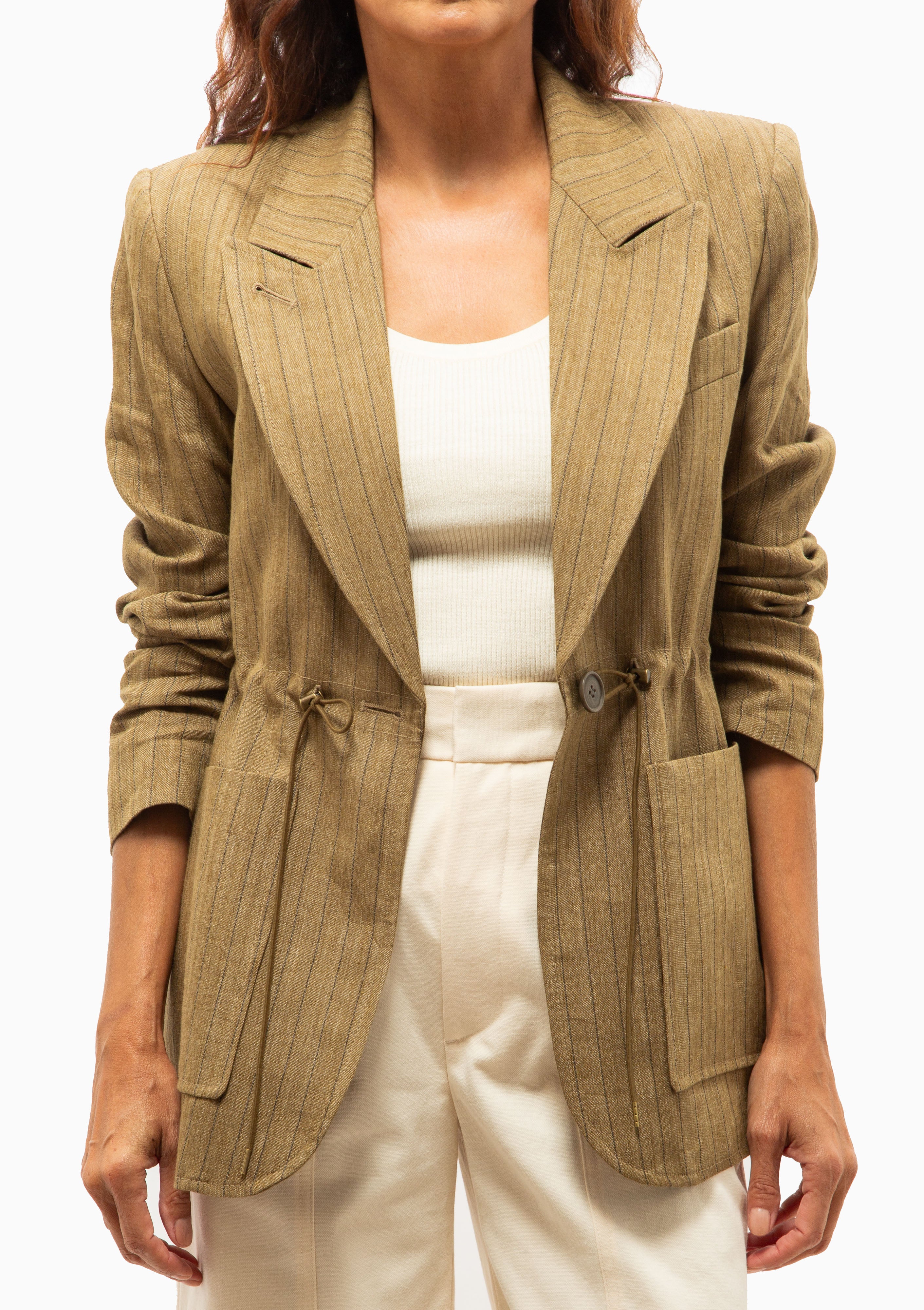 Drawcord Blazer | Teak Pinstripe