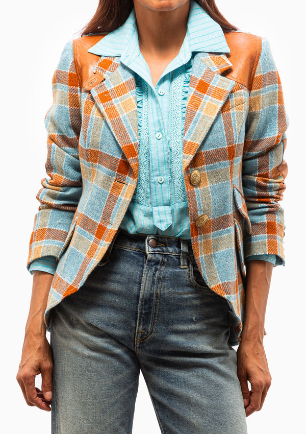 Hunting Blazer With Rectangle Elbow Patch | Blue/Rust Plaid