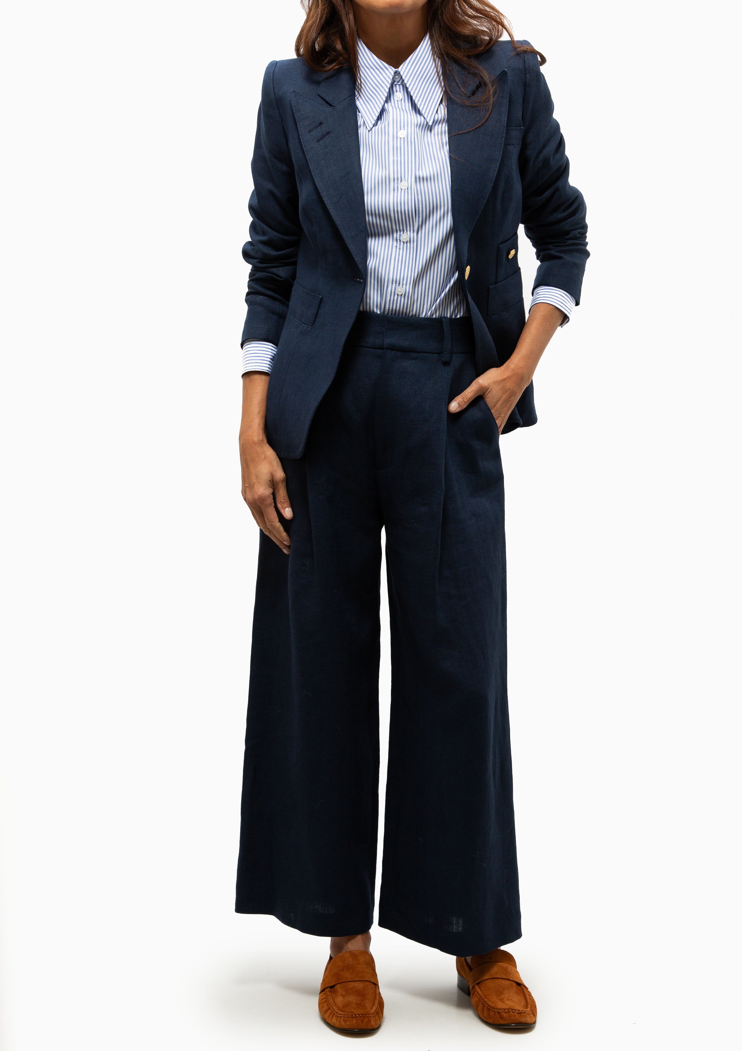 Linen Cropped Pleated Trouser | Navy Linen