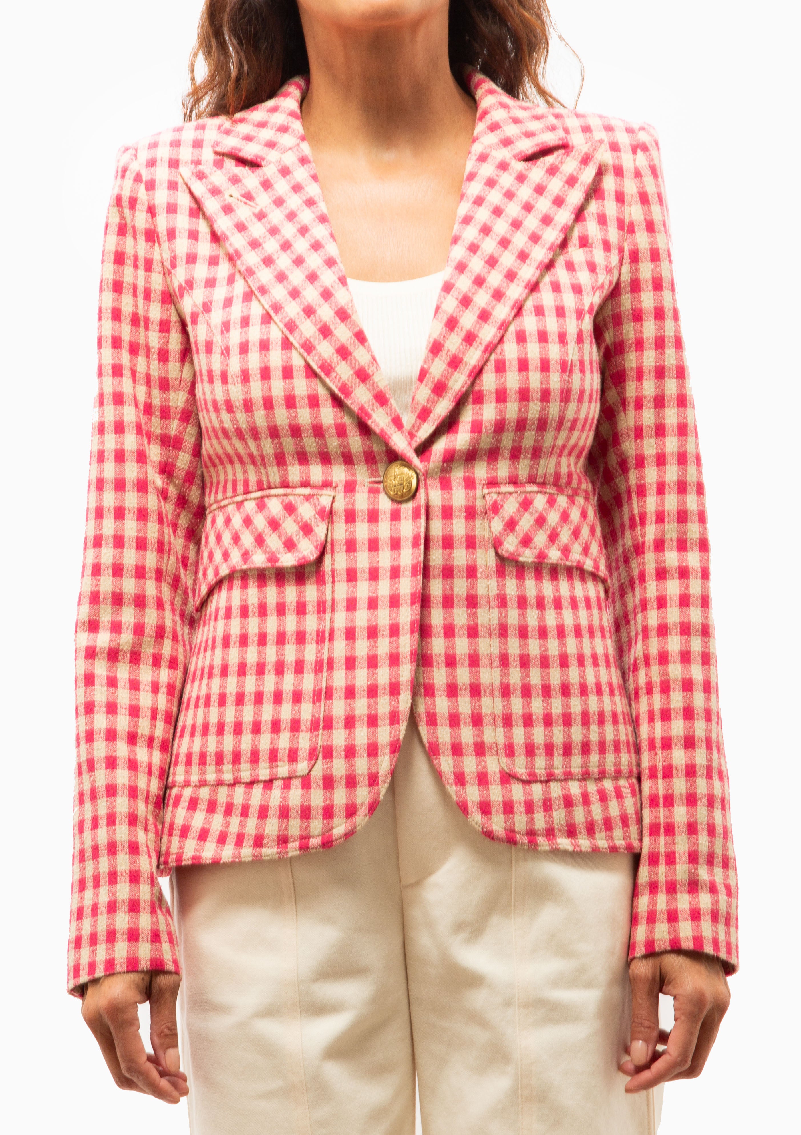 Patch Pocket One Button Blazer | Pink Check
