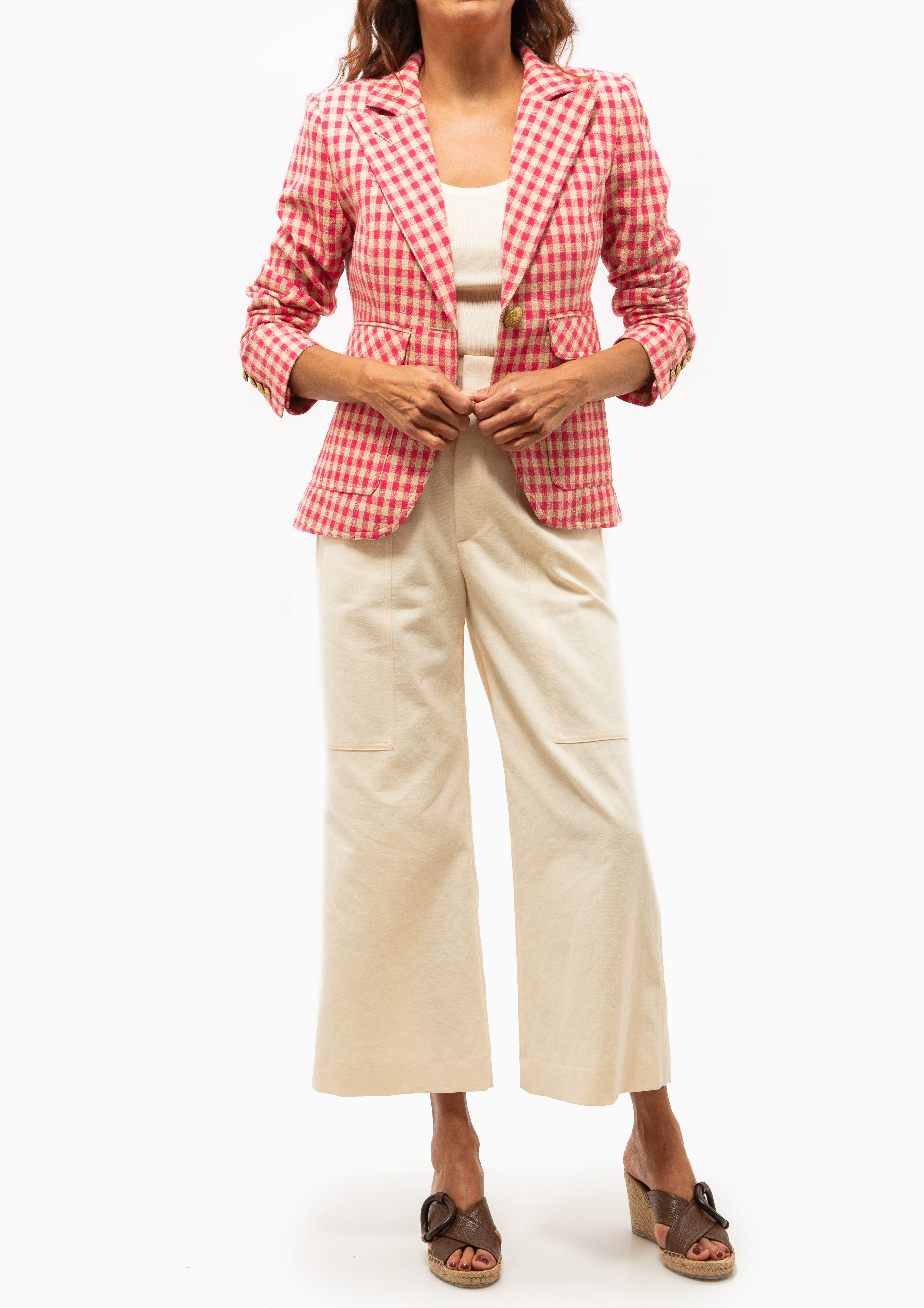 Patch Pocket One Button Blazer | Pink Check