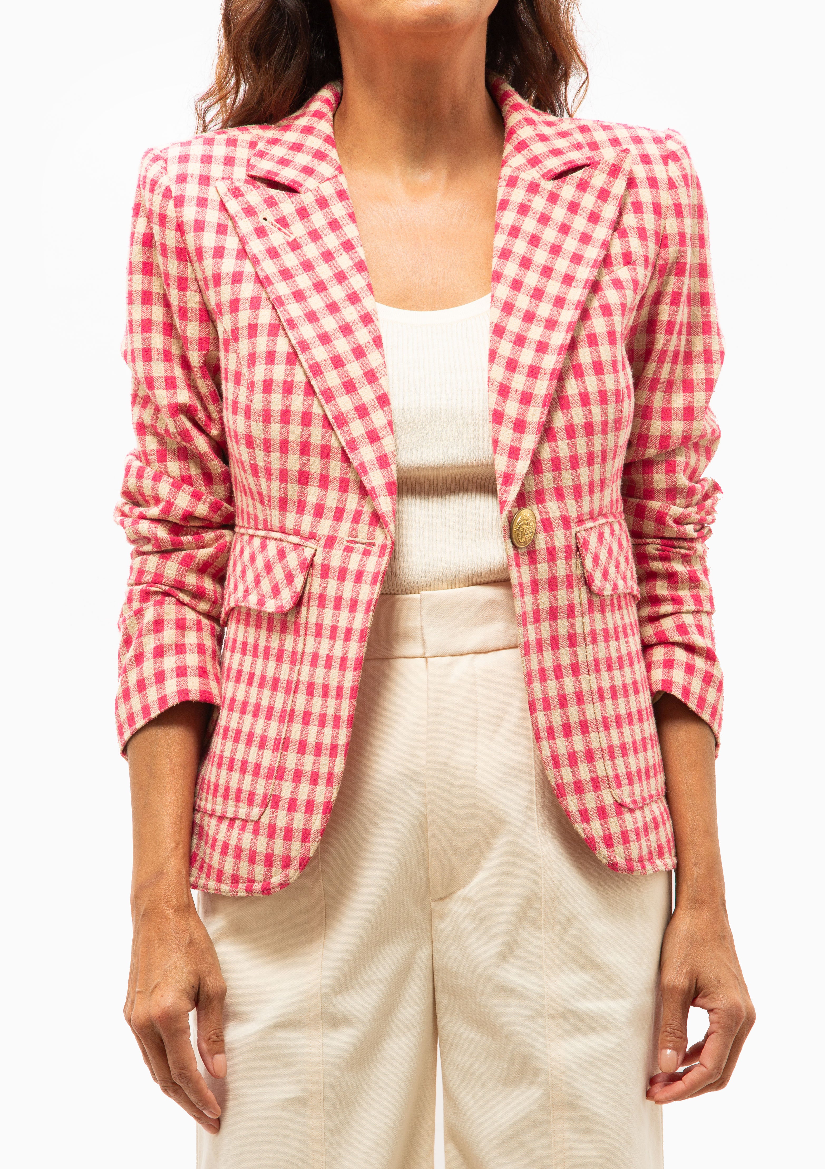 Patch Pocket One Button Blazer | Pink Check
