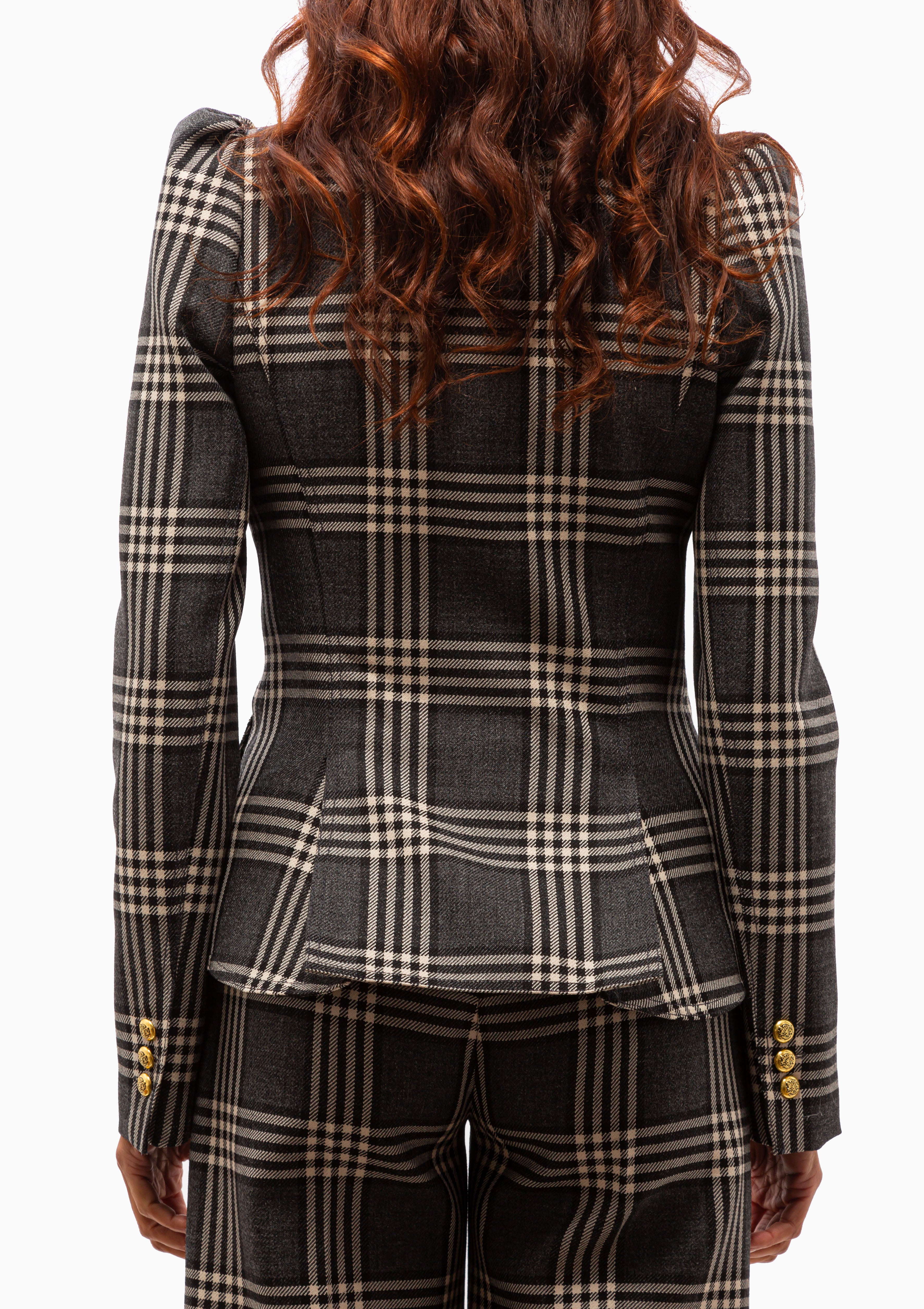 Pouf Sleeve One Button Blazer | Charcoal Plaid