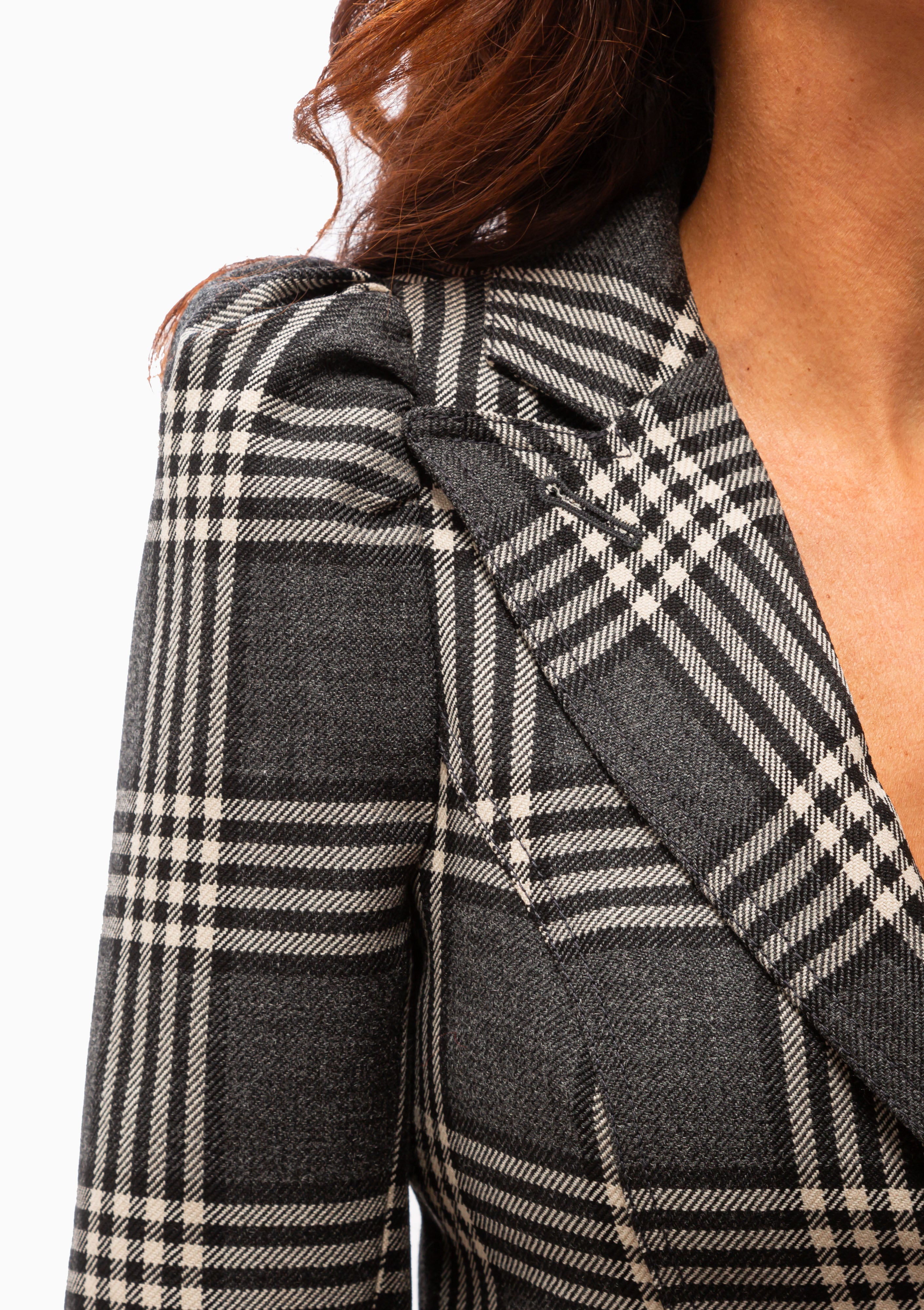 Pouf Sleeve One Button Blazer | Charcoal Plaid