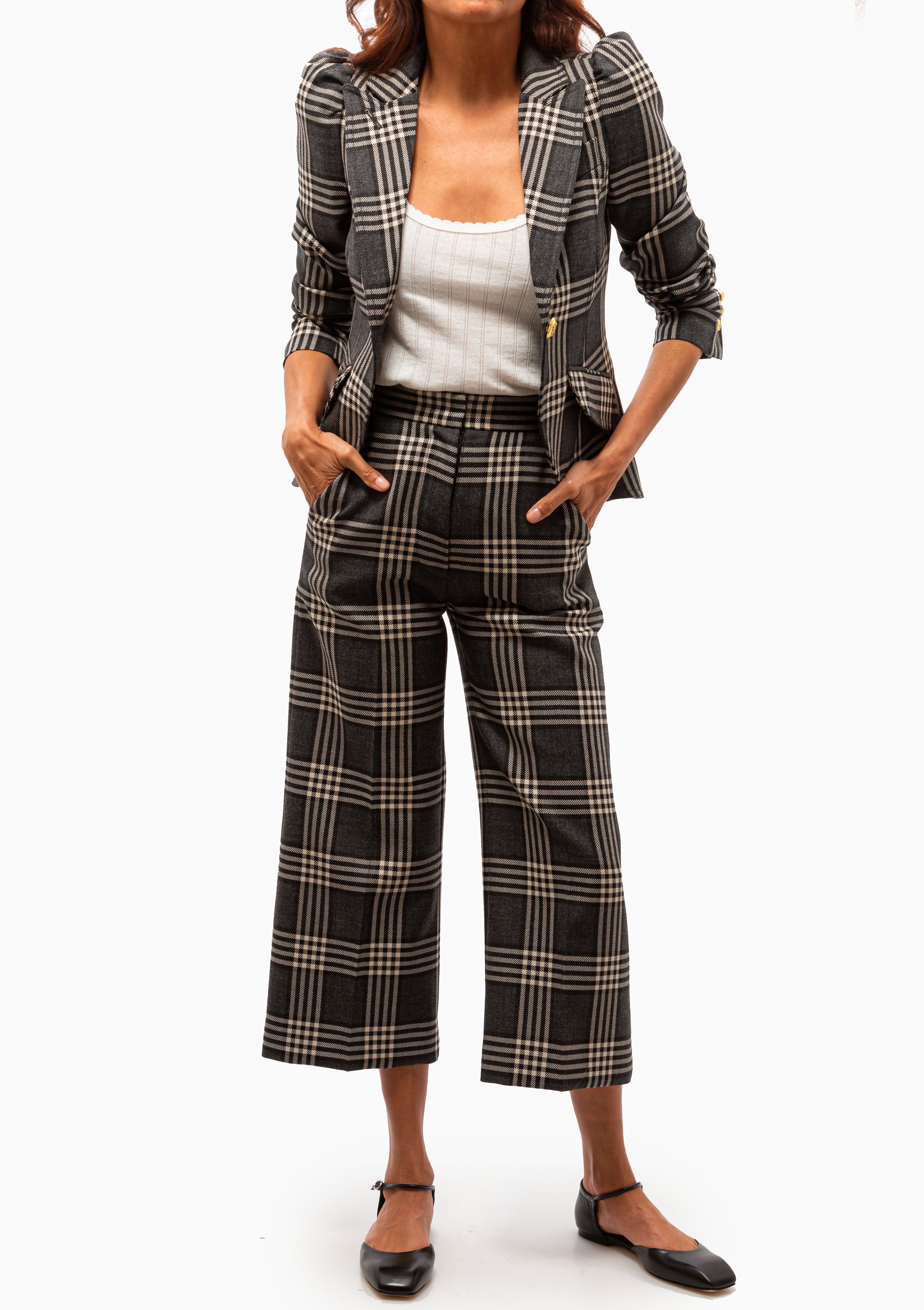 Pouf Sleeve One Button Blazer | Charcoal Plaid