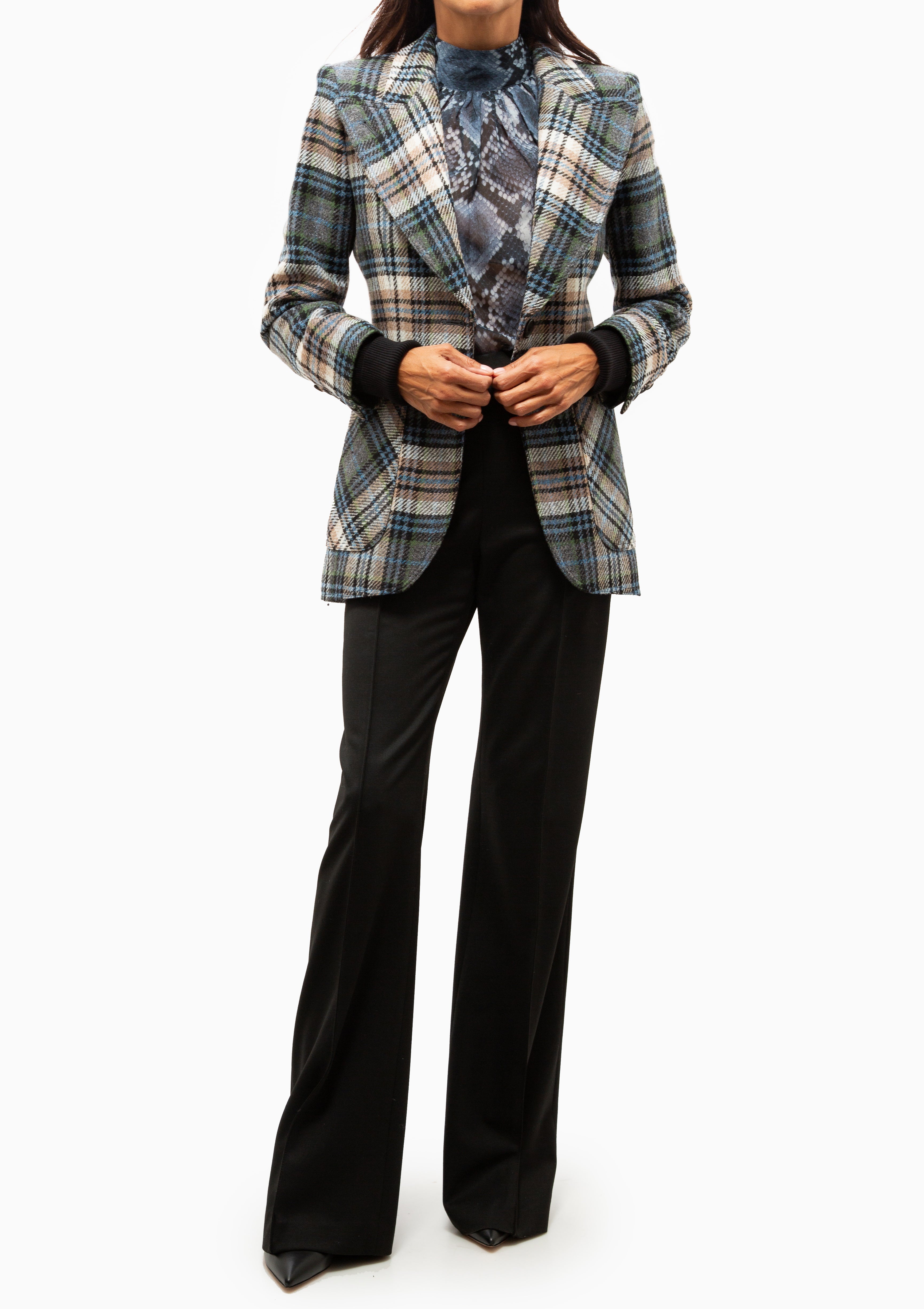Rib Cuff Birkin Blazer | Multi Plaid With Black