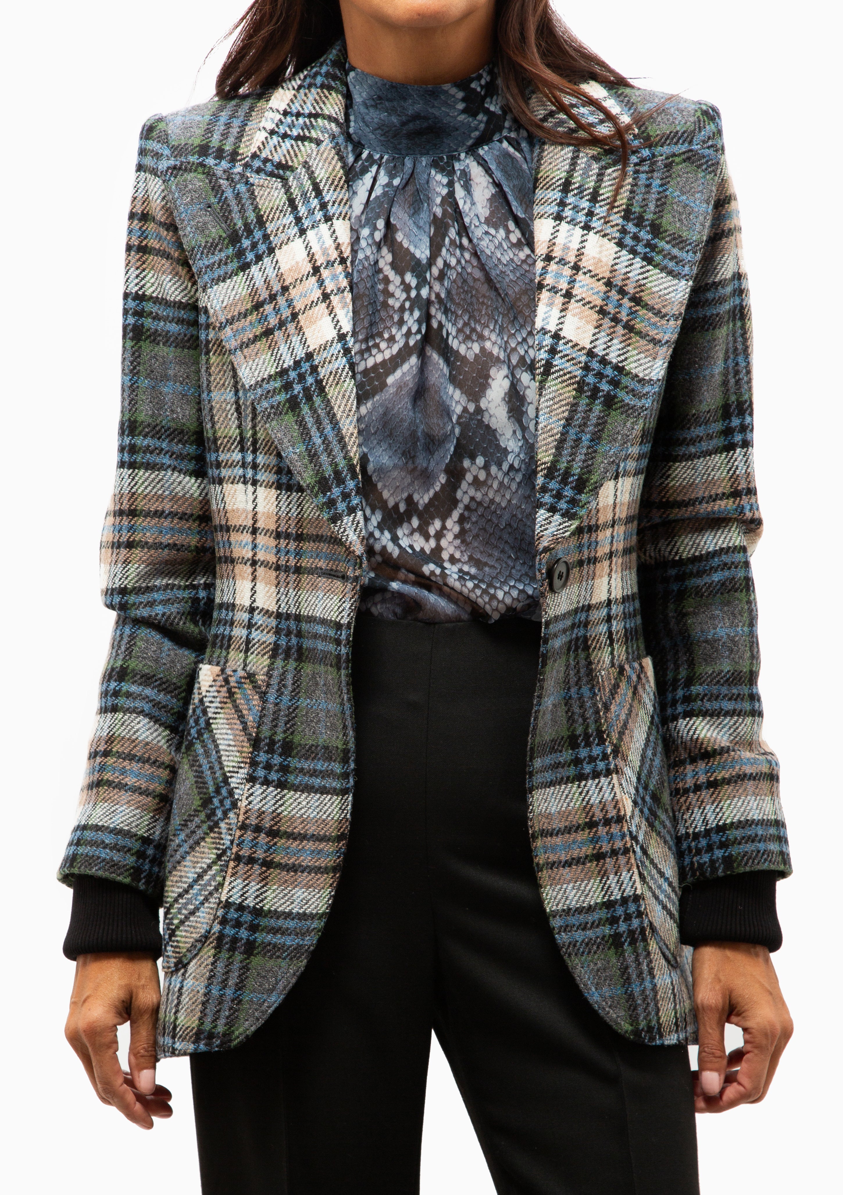 Rib Cuff Birkin Blazer | Multi Plaid With Black