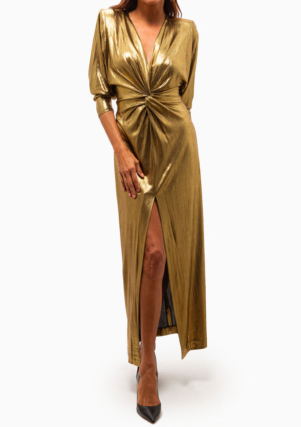Sharp Shoulder Twist Dress | Gold