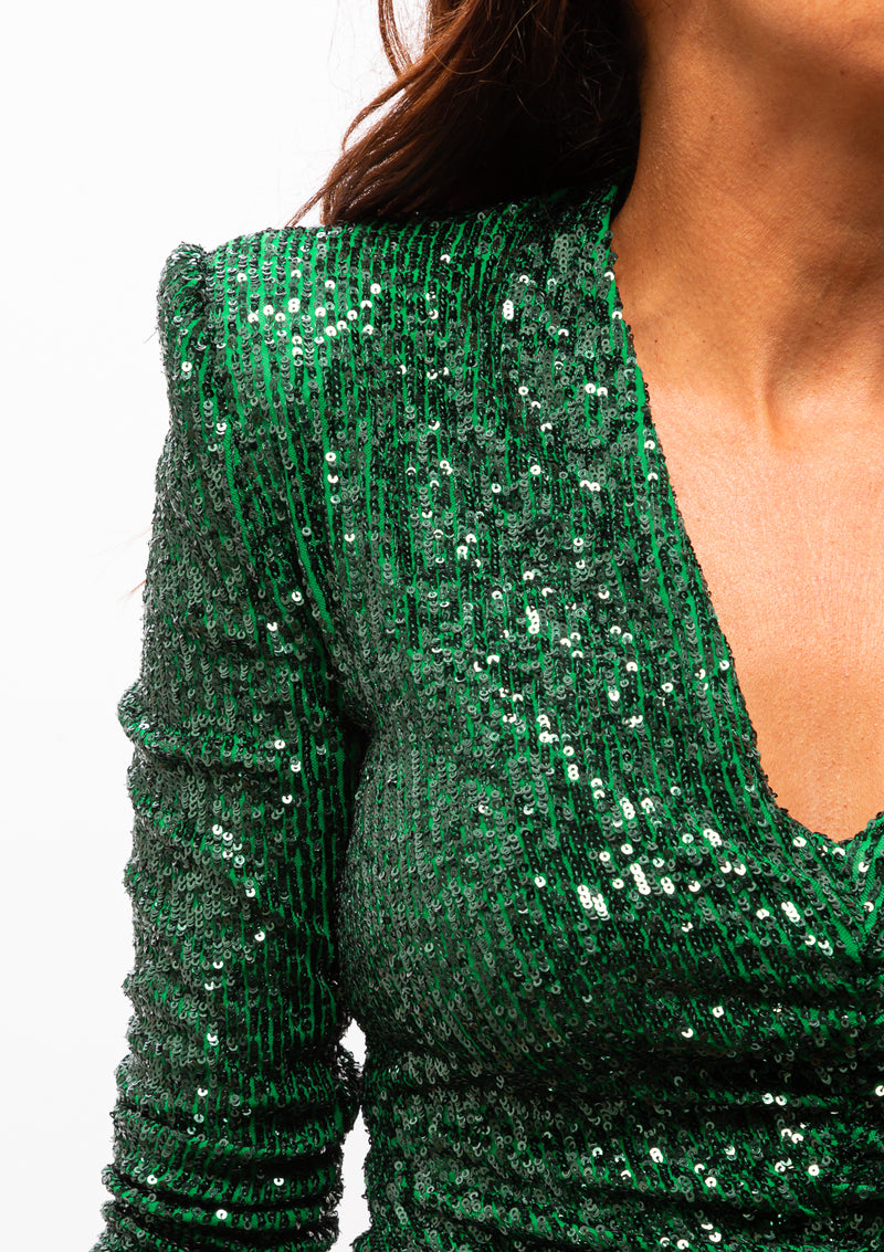 V-Neck Mini Dress | Emerald Sequin