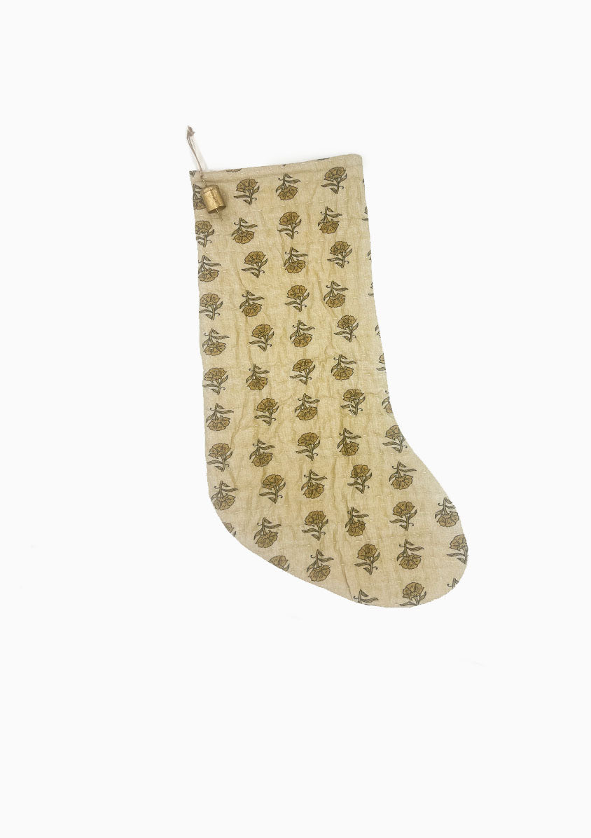 Block Print Stocking With Bell | Natural Flower Silhouette