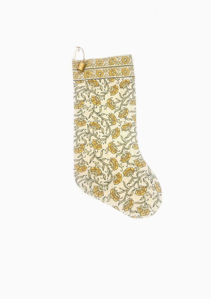 Block Print Stocking With Bell | Yellow Floral Vine