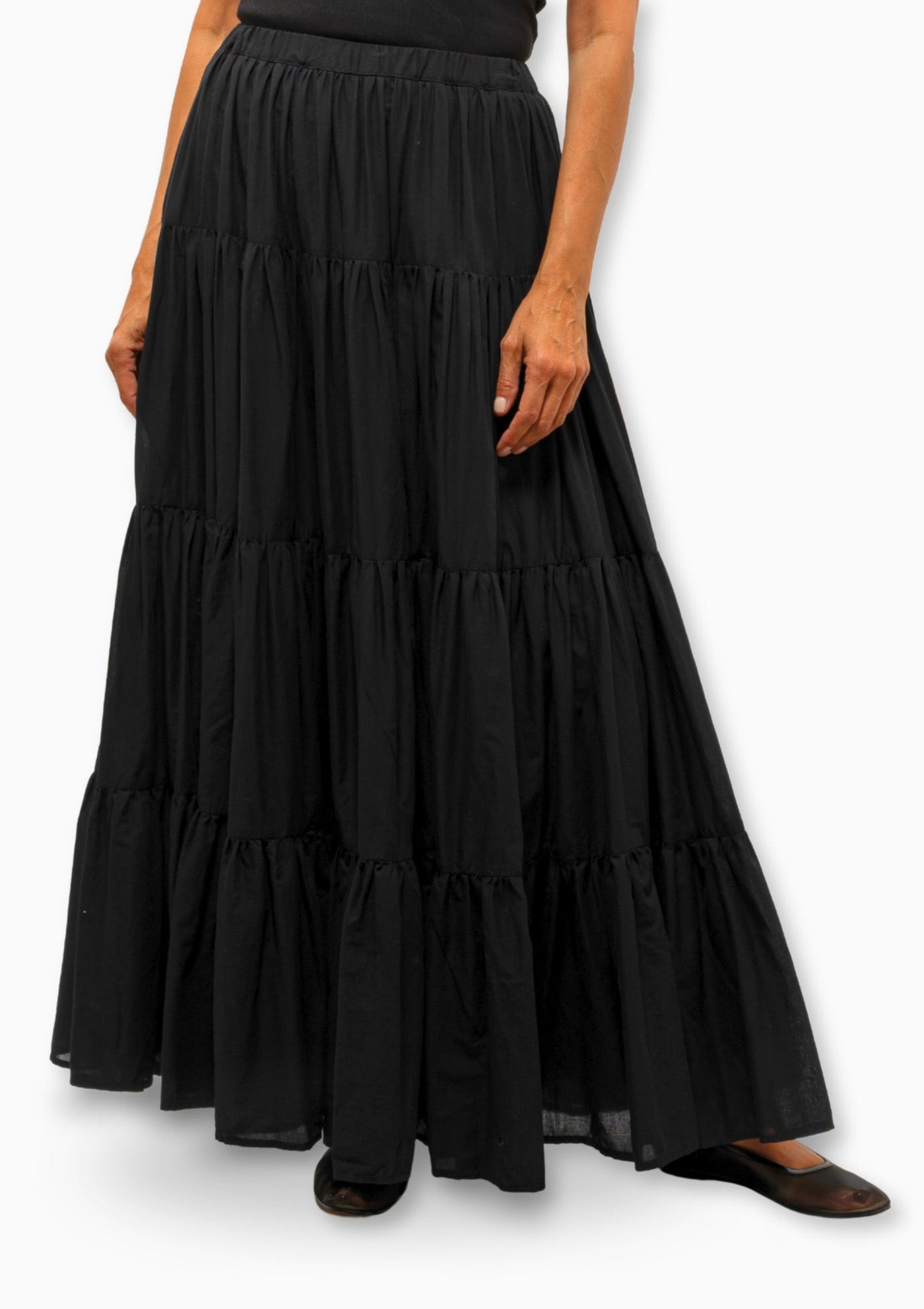 Shirred Ruffle Tiered Skirt | Black