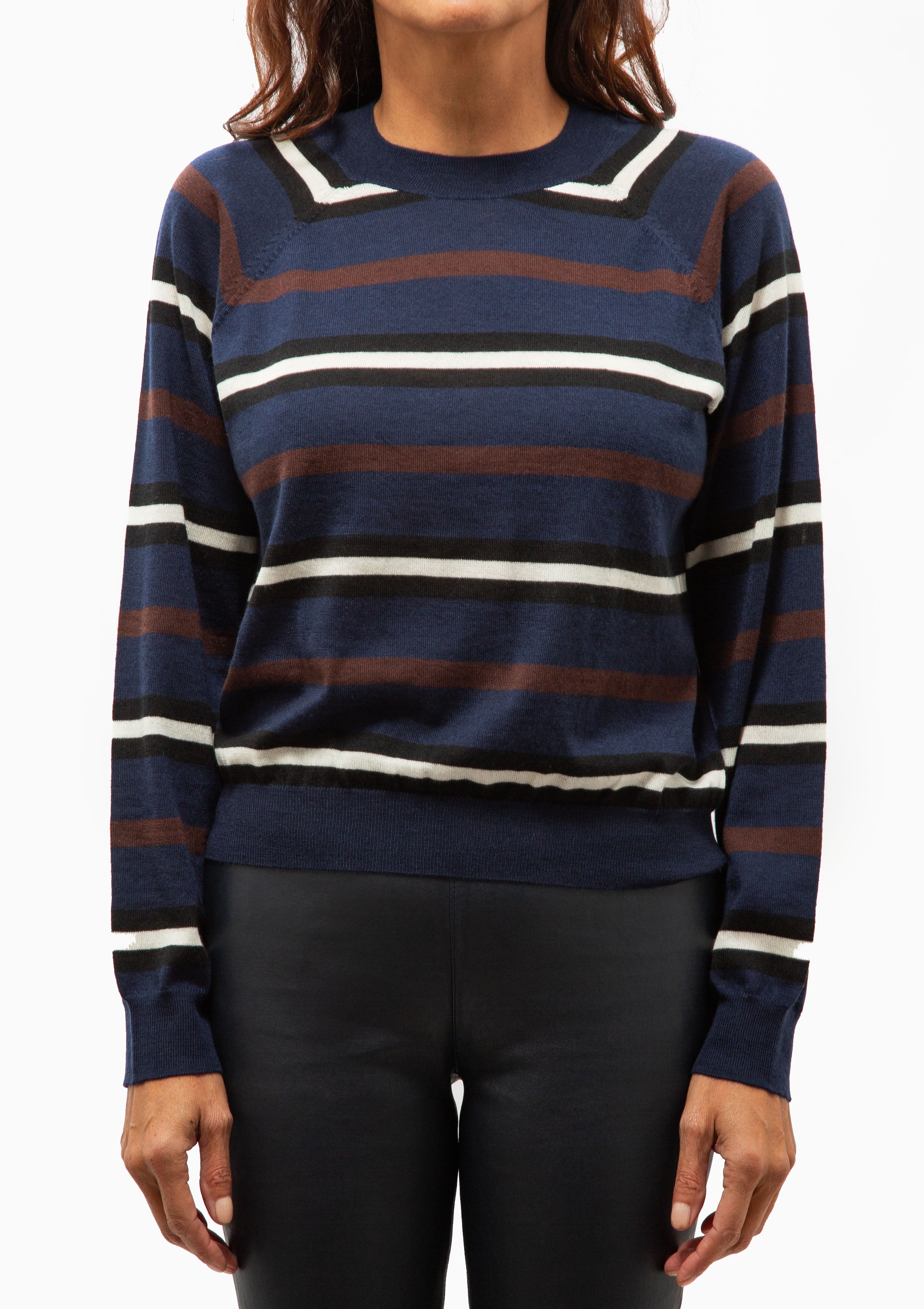 Striped Cashmere Raglan Sweater | Navy/Brown