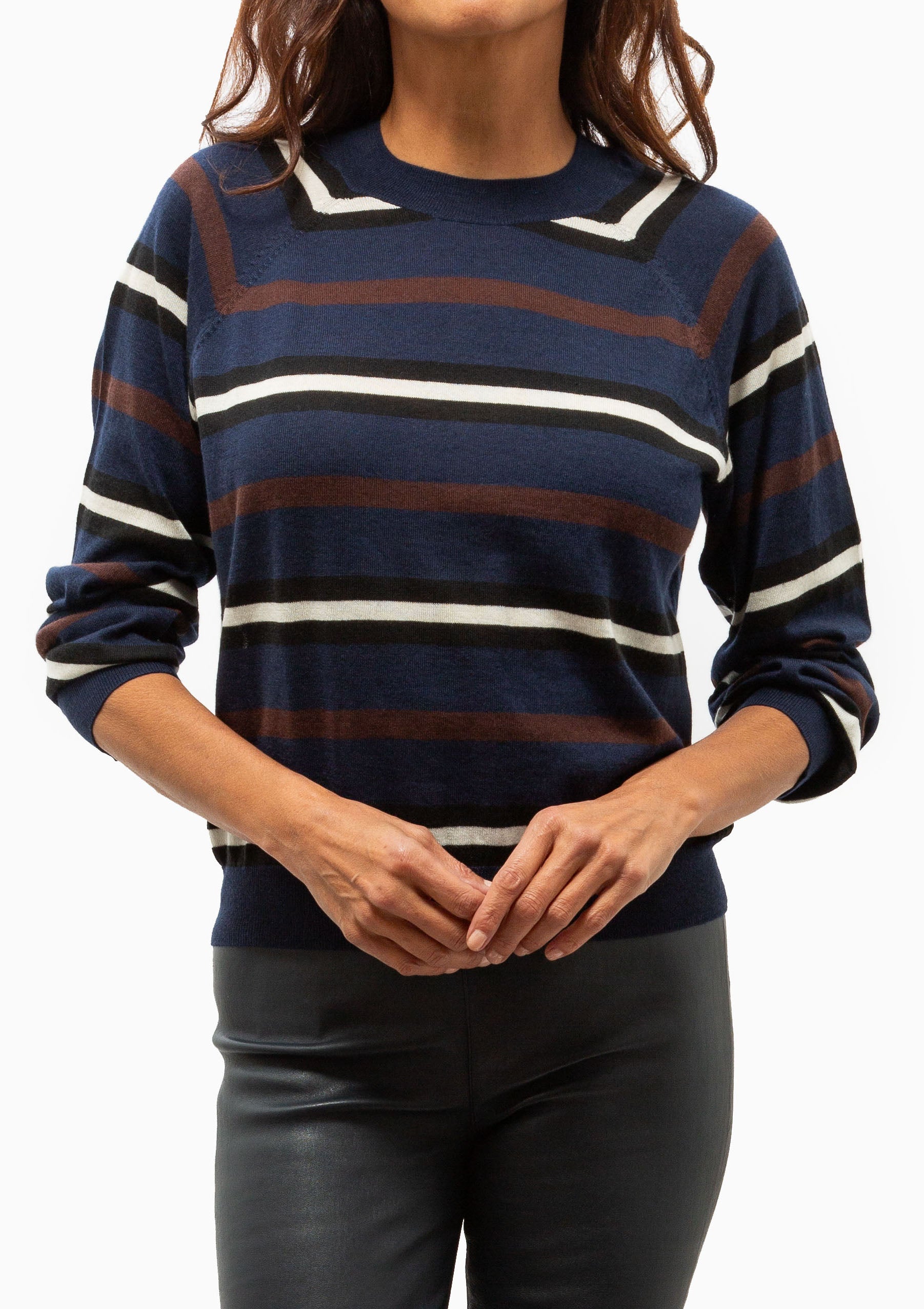 Striped Cashmere Raglan Sweater | Navy/Brown