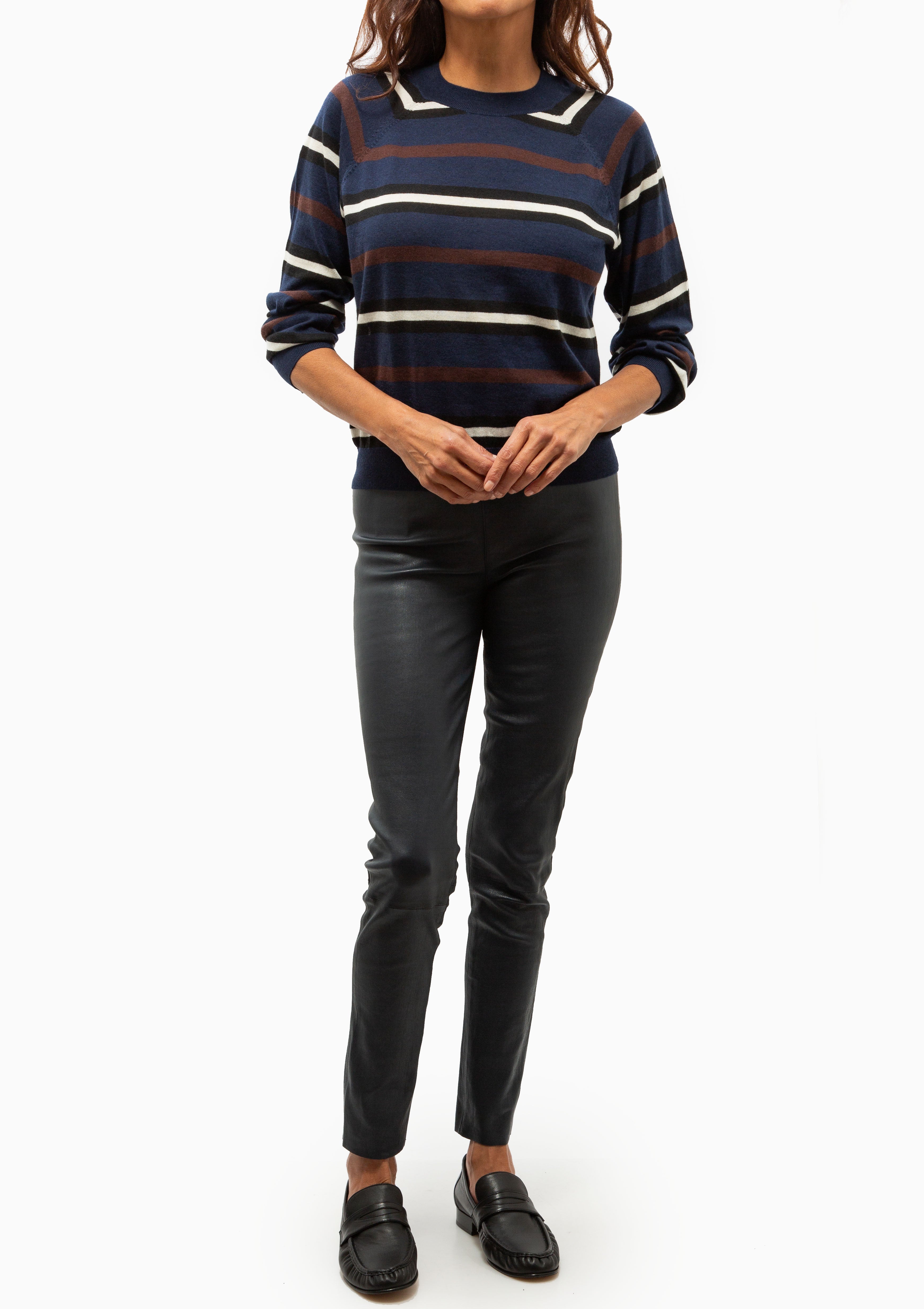 Striped Cashmere Raglan Sweater | Navy/Brown