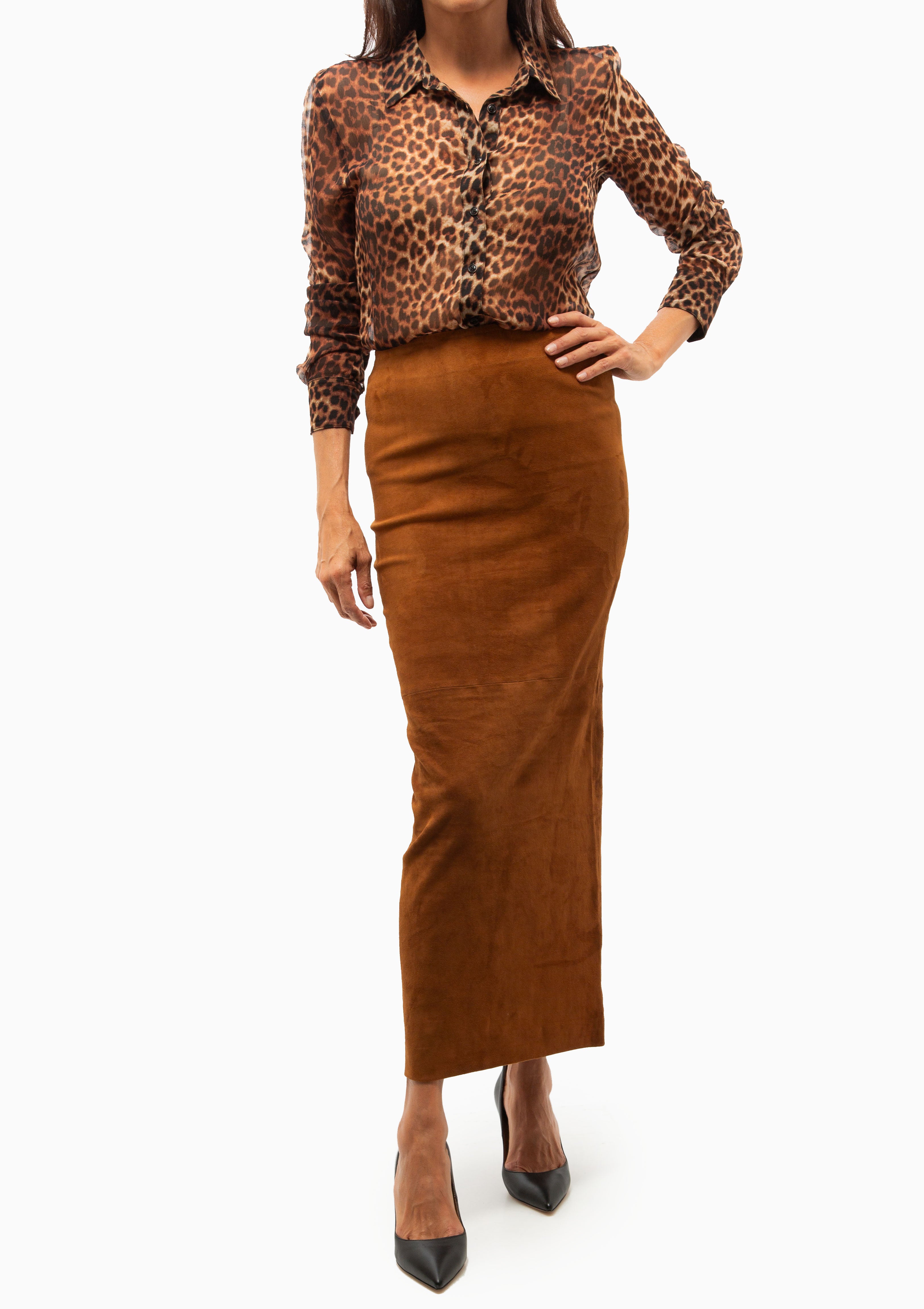 Suede Maxi Tube Skirt | Dark Cognac