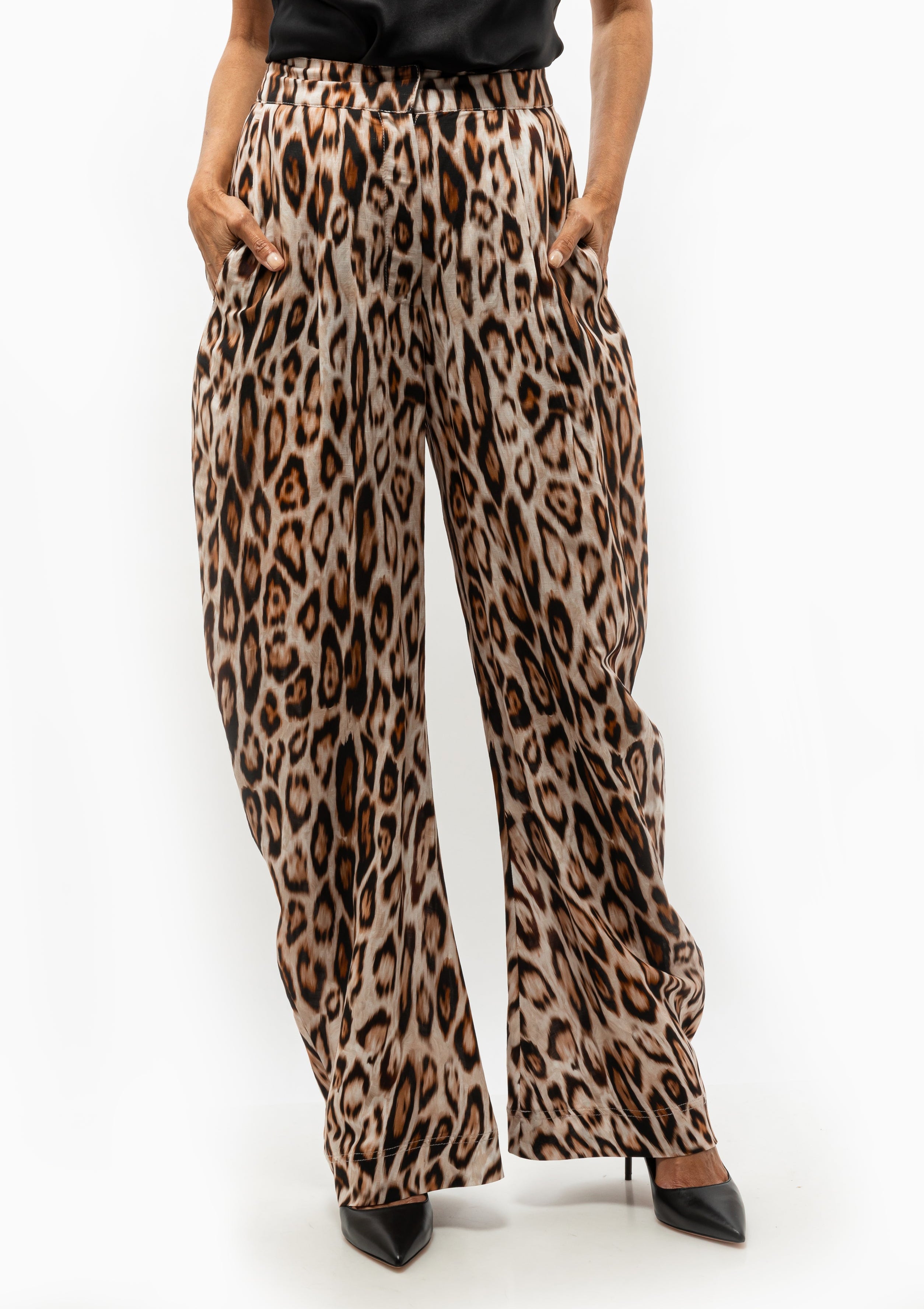 Smythe Bow Leg Pant in bold Leopard Ikat print — available at Diani Boutique.