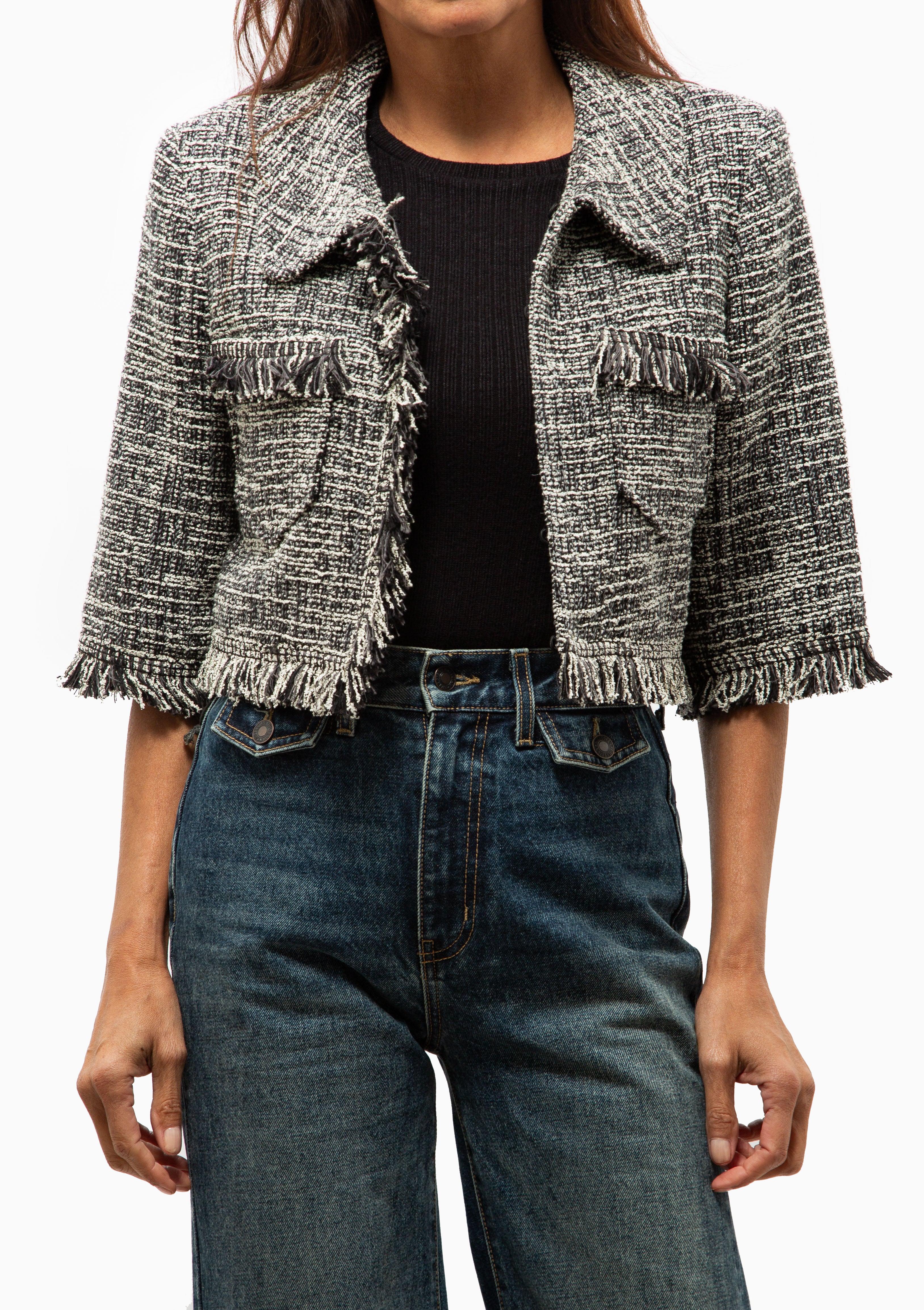 Cropped Sleeve Mini Jacket | Pepper Tweed