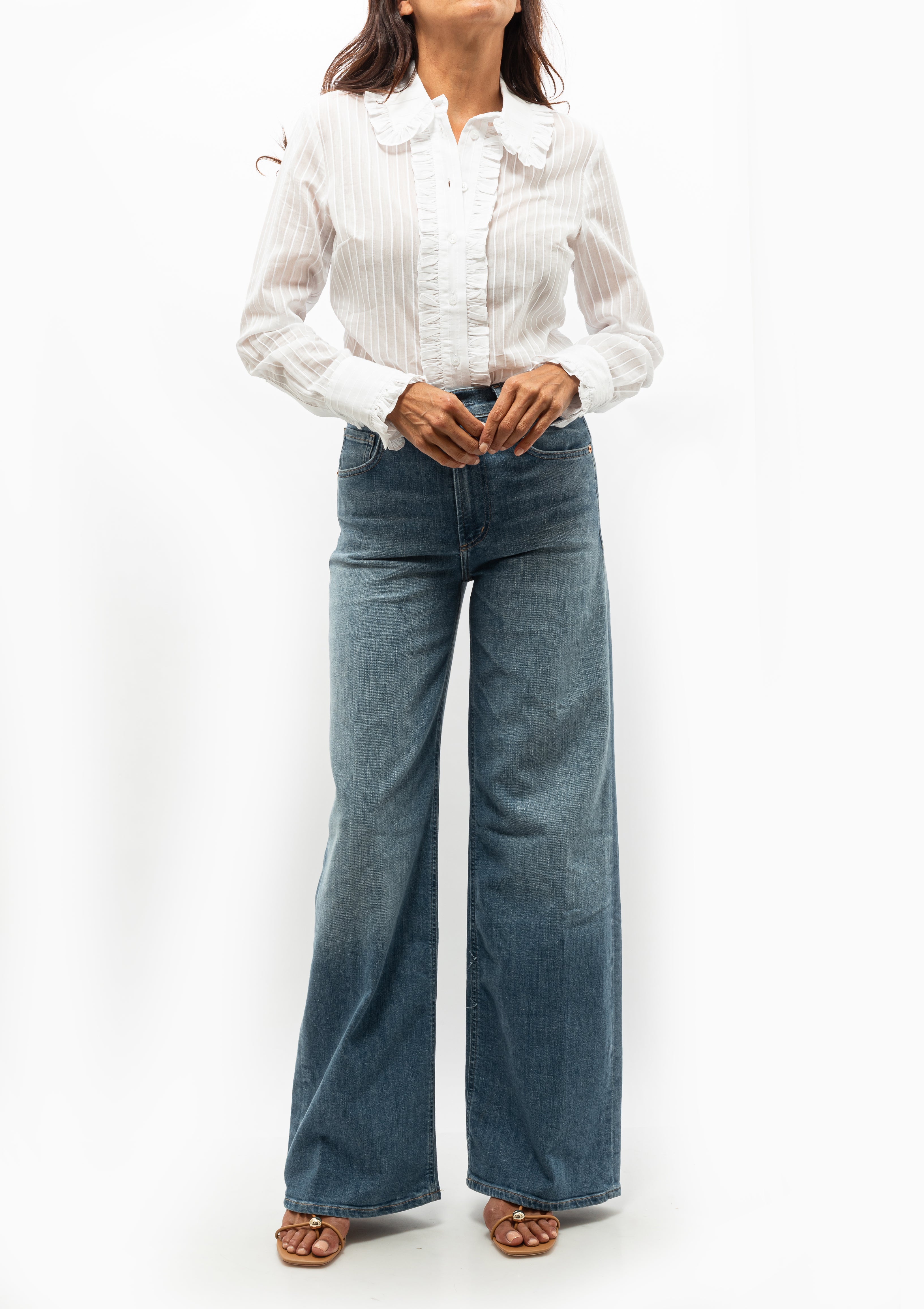 Feminine and tailored Ruffle Trim Shirt by Smythe in white — shop now at Diani Boutique.